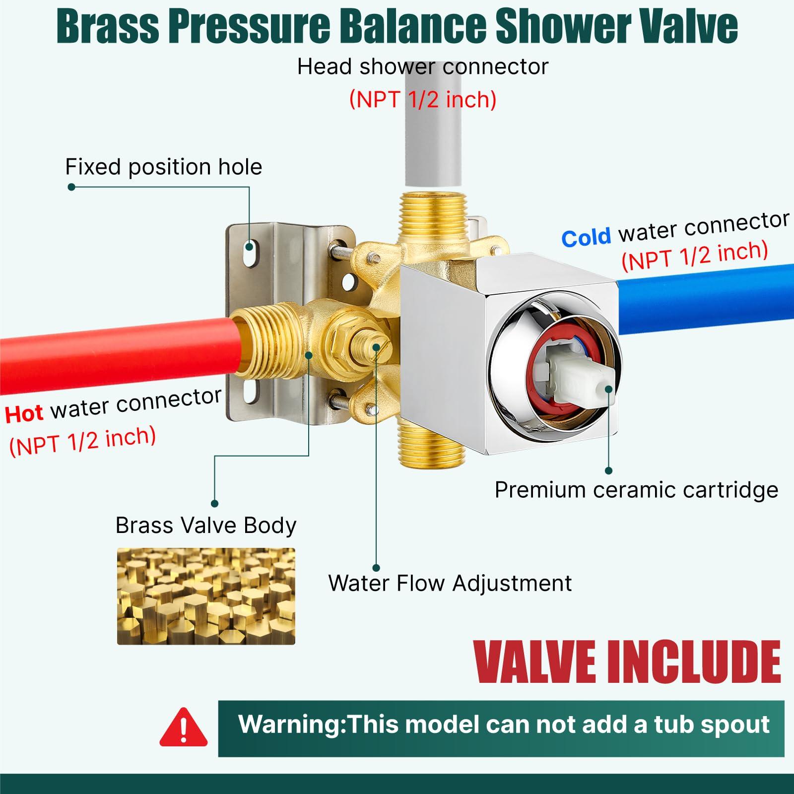 Heyalan Bathtub Shower Faucet Set,6 Inch Square Shower Trim Kit Single Handle Shower System,Showerhead and Handle Set Male Thread Pressure Balance Valve,With Tub Spout,Polished Chrome - Image 7