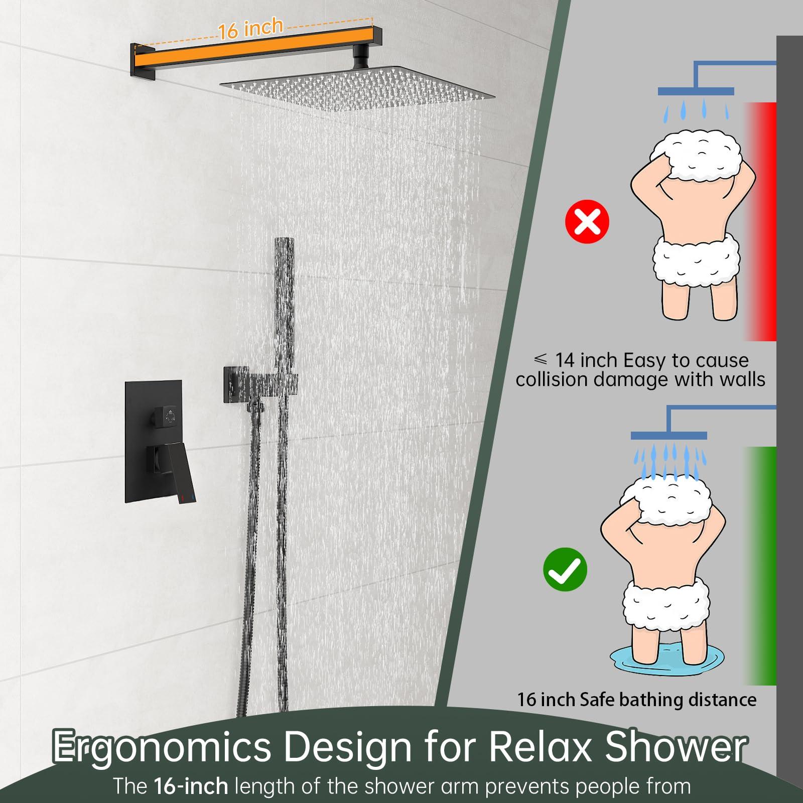 Hoimpro 12 Inch Shower Head System Set Bathroom Rain Mixer Shower Head 2 In 1 Handheld Sprayer Wall Mounted, Square Rainfall Shower Faucet Fixture Combo Valve Kits Brass Showerhead, Matte Black - Image 8