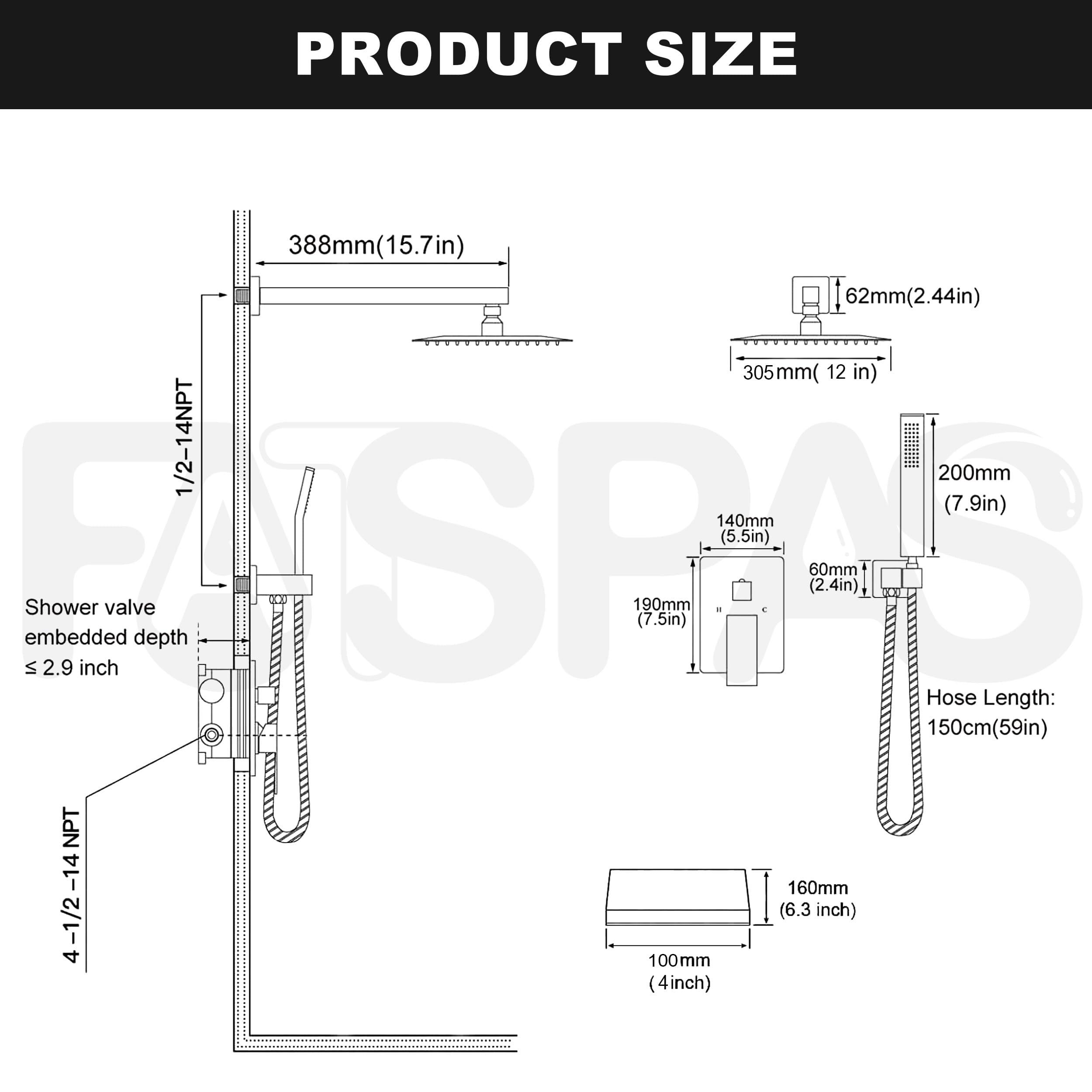 Fatspas Shower System with Tub Spout, Wall Mounted Shower Faucet Set for Bathroom with 12 Inch Rain Shower Head and Handheld Shower Head Set, Brushed Nickel - Image 6