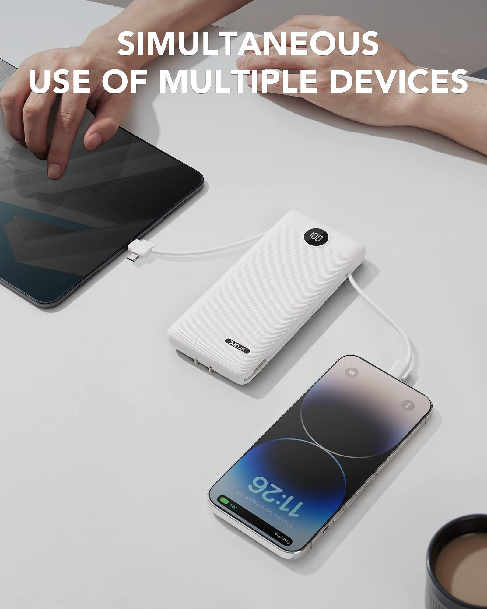 VRURC Portable Charger Built-in Cables and AC Wall Plug, USB C Power Bank 10000mAh, Travel Essentials Phone Charger Compact Lightweight External Battery Pack for Smart Phones, Tablets etc-White - Image 7