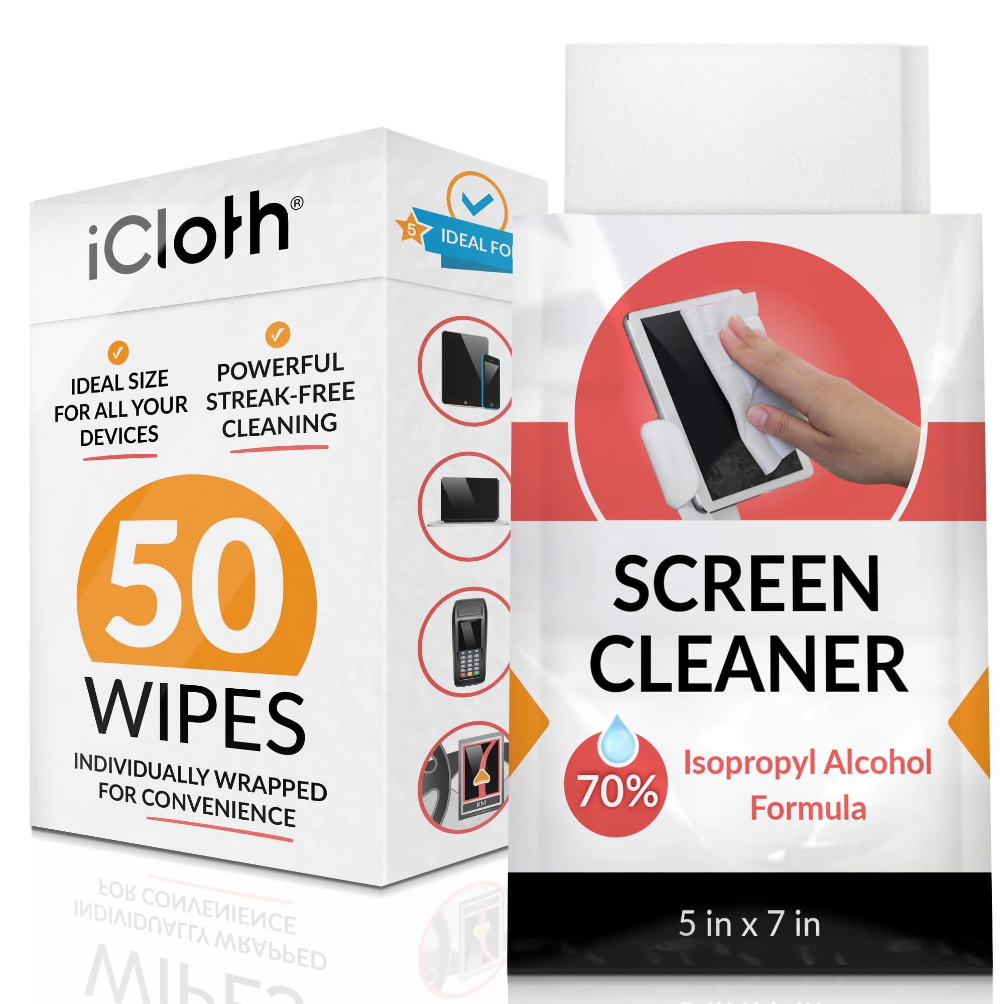 iCloth 70% Isopropyl Alcohol Large Screen and Electronics Wipes, Lint-Free, Streak-Free, Fast-Drying, Removes Dust and Fingerprints (50 Wipes)