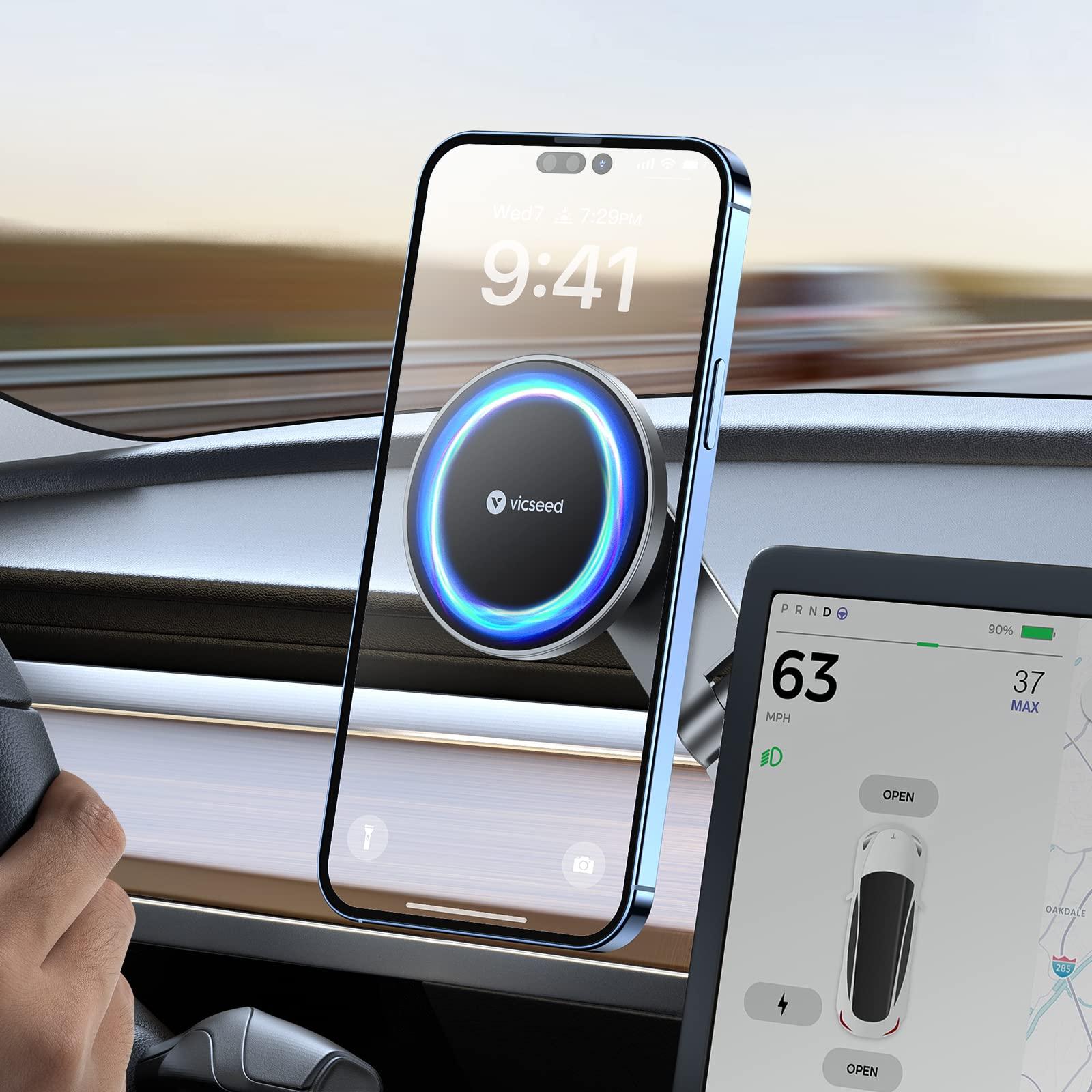VICSEED Tesla Phone Mount【Strongest Magnet Power】 Foldable Hidden Tesla Phone Holder Fit for All Phones, Tesla Model 3/Y/Cybertruck Accessories, Tesla Model 3 Model Y for MagSafe Car Mount