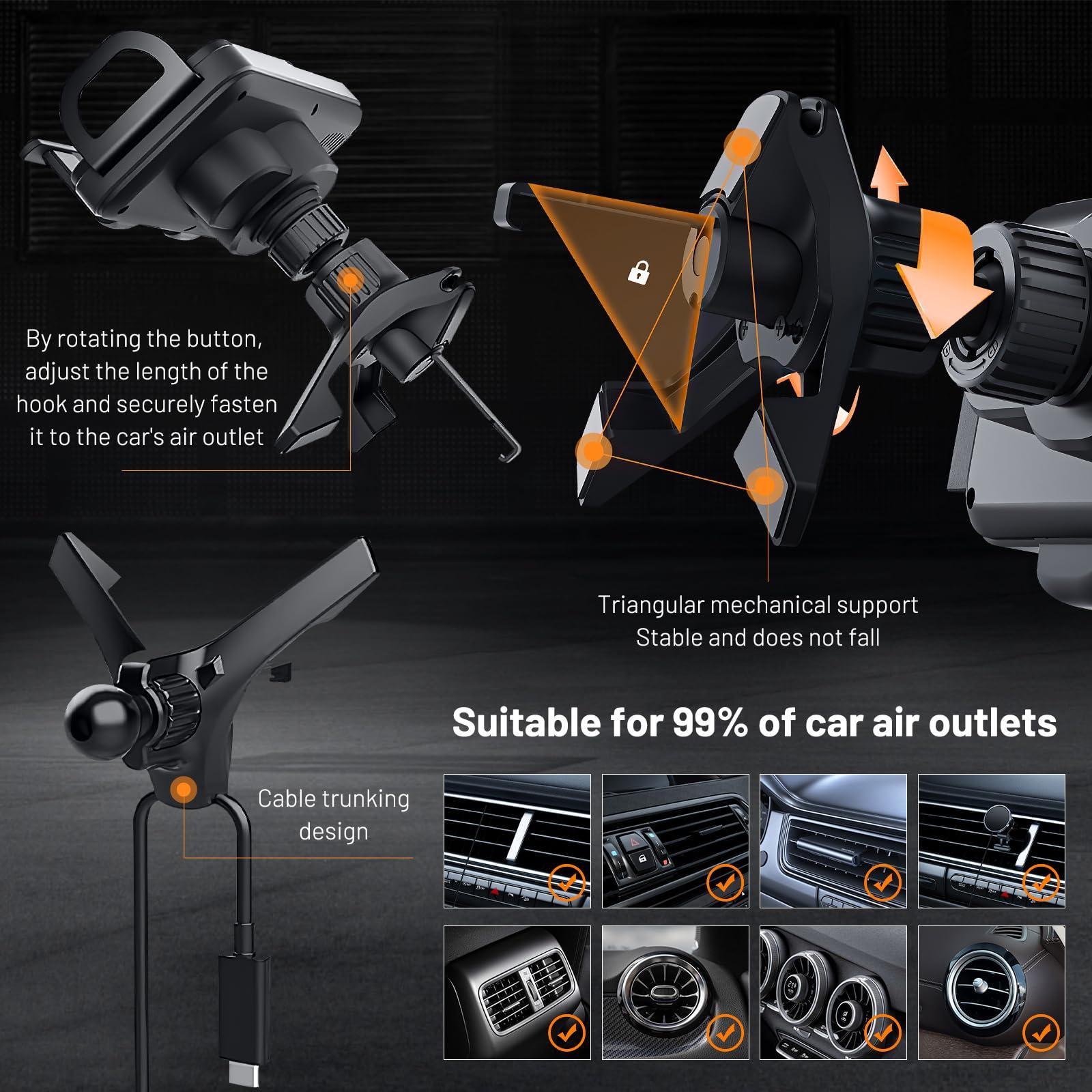 High Intelligent Mobile Phone/Pad Holder,2 in 1 Auto Rotating Phone Holder,Car Charger Fast Charging Cell Phone Holder,One-Touch Rotatable Car Vent Phone Mount for Smartphone/Pad/Foldable Phone(Black) - Image 5