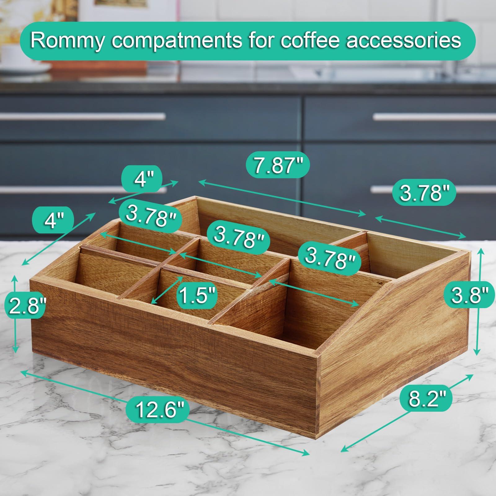 Acacia Wood Coffee Station Organizer for Countertop - 7 Compartments Coffee Bar Accessories and Organizer with Removable Dividers - Coffee and Tea Condiment storage Organizer for Coffee Bar Decor - Image 3