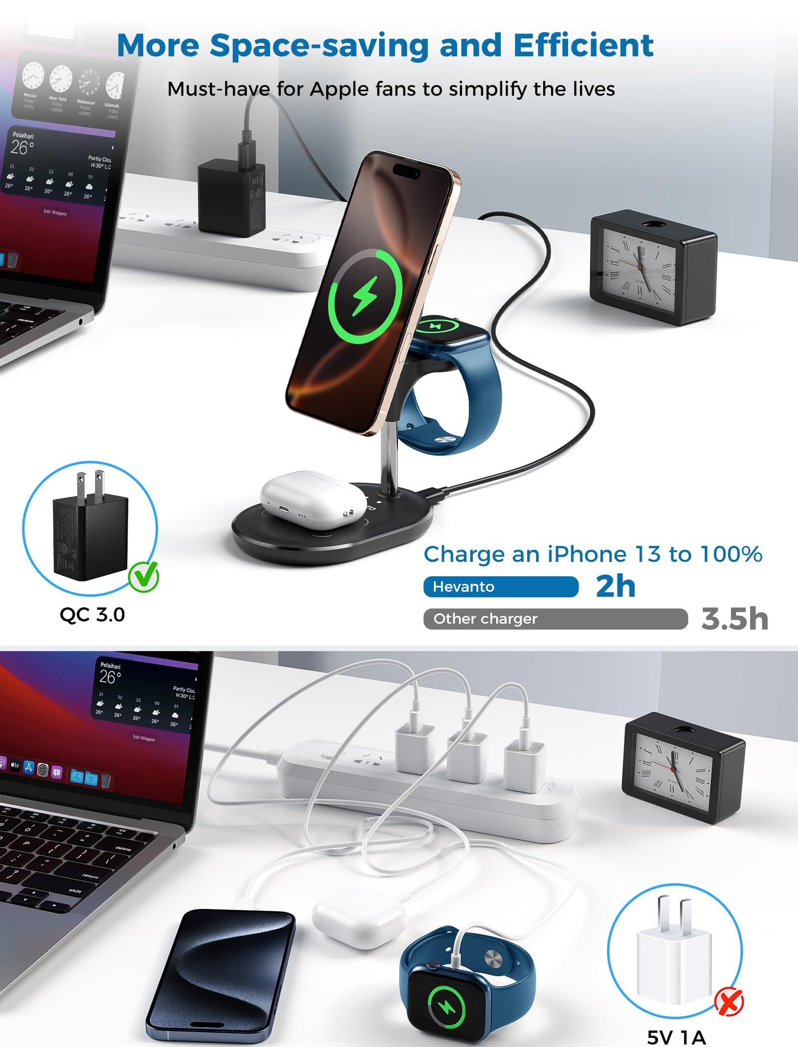 Hevanto 3 in 1 Wireless Charging Station for Apple MagSafe Charger, 15W Fast Qi-Certified Magnetic Mag-Safe Charger Stand for iPhone 16 15 14 13 12 Apple Watch AirPods, Adjustable Angle,Gifts for Men - Image 8
