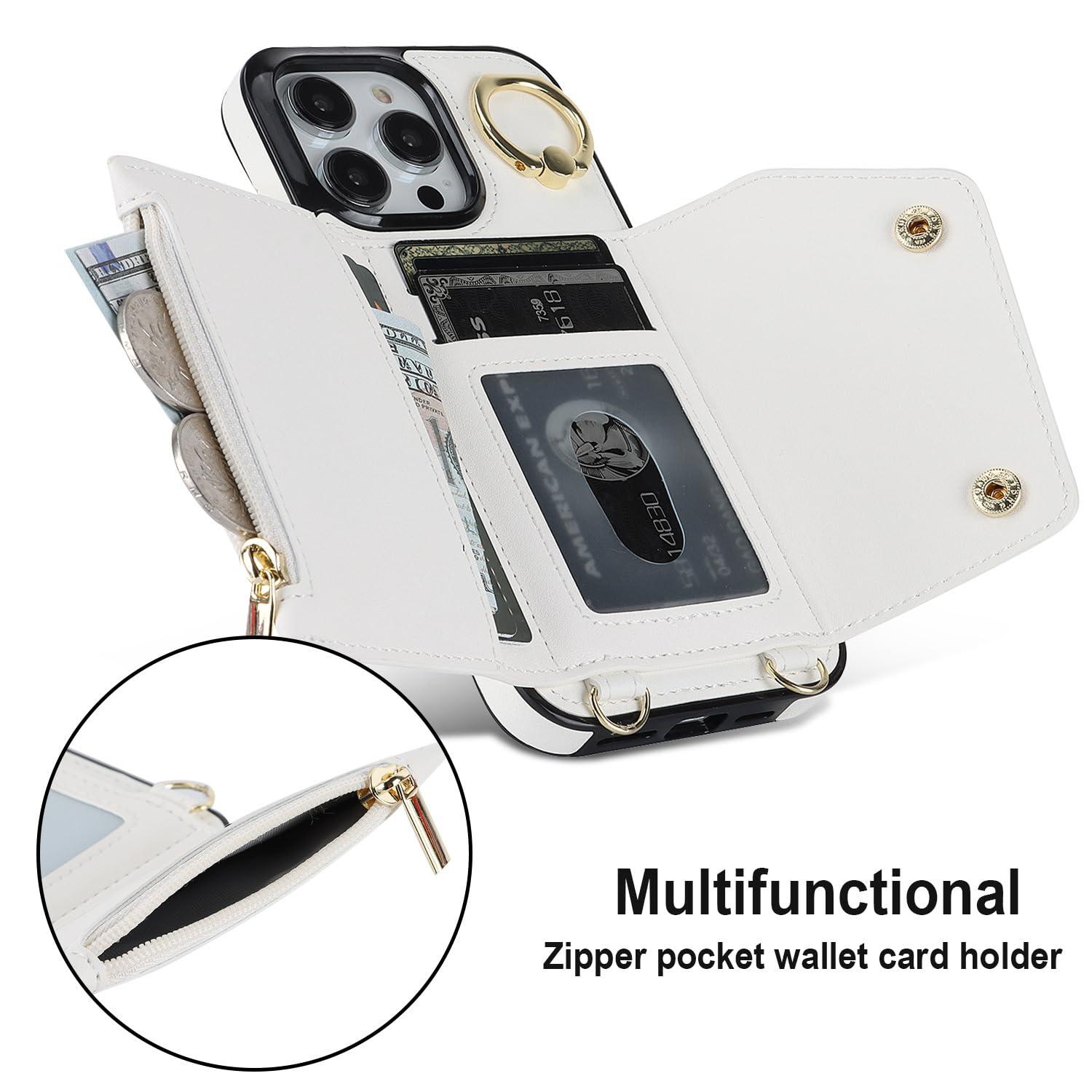 LUVI Compatible with iPhone 16 Pro Wallet Case with Card Holder Crossbody Neck Strap Lanyard Wrist Strap Purse for Women PU Leather Flip with Credit Card Kickstands Stand Cover White - Image 4