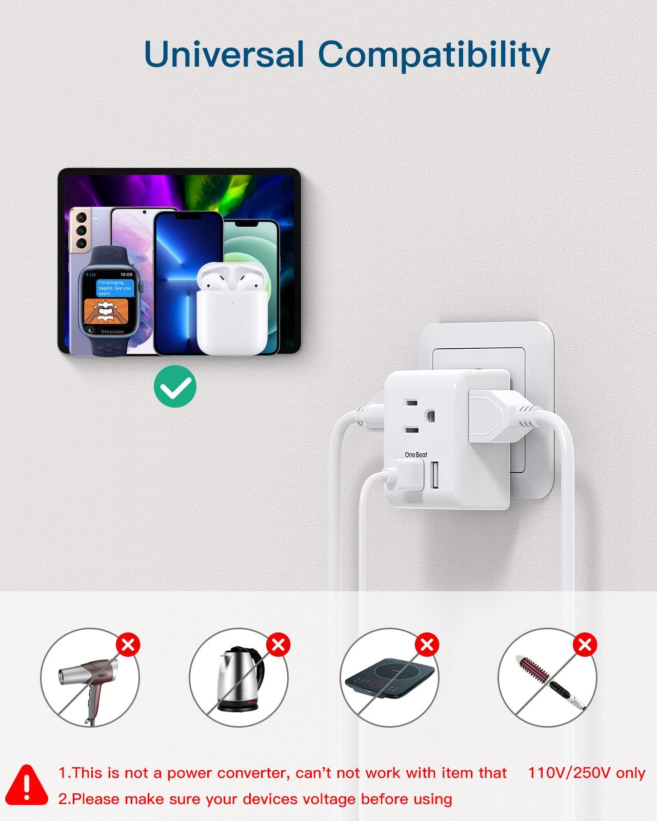 2 Pack European Travel Plug Adapter, One Beat International Power Adapter with 3 Outlets 3 USB Ports(1 USB C), Type C Plug Adaptor for US to Europe Italy Spain France Germany Iceland Travel Essentials - Image 5