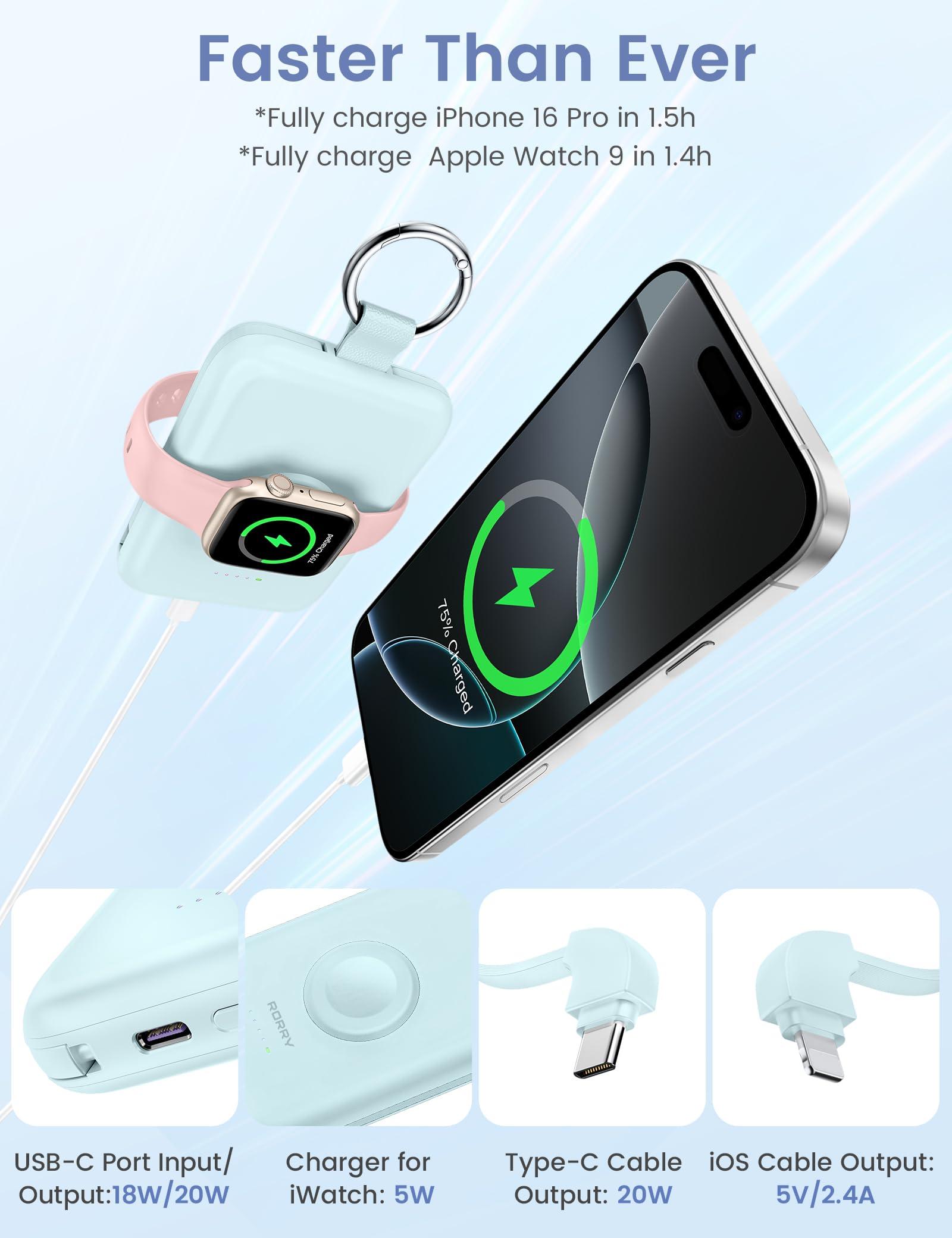RORRY Portable Charger, 10000mAh PD 20W Fast Charging Portable Charger Power Bank with Built in Cables, Travel Battery Pack for iPhone 16/15/14/13/12/11 and Apple Watch Ultra/10/9/8/7/6/5/4/3, Green - Image 4