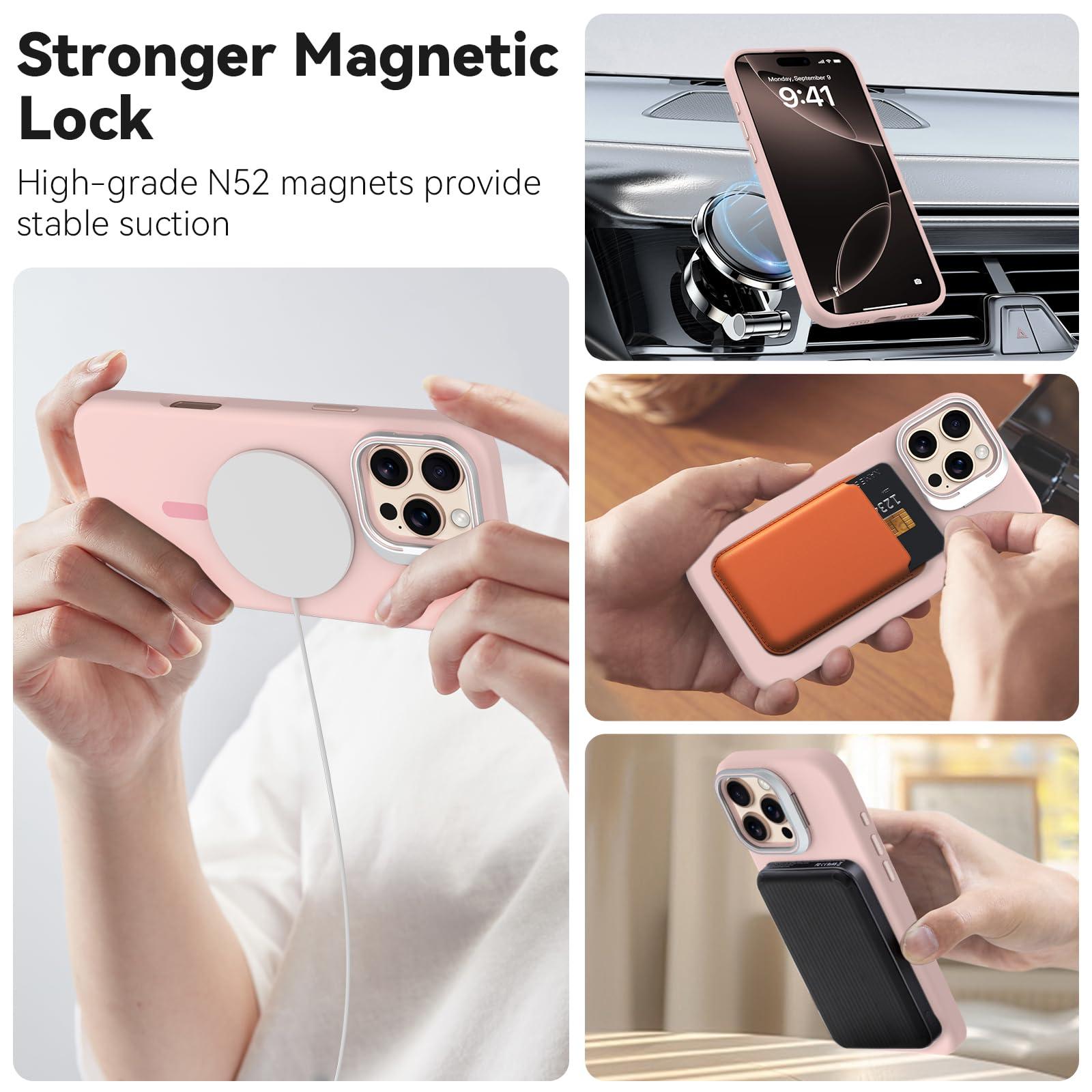 Vanxiliiy for iPhone 16 Pro Max Liquid Silicone Case with Invisible Camera Ring Stand Compatible with Magsafe, Slim Metal Buttons Anti-Impact Magnetic Protective Case for iPhone 16 Pro Max 6.9", Pink - Image 5