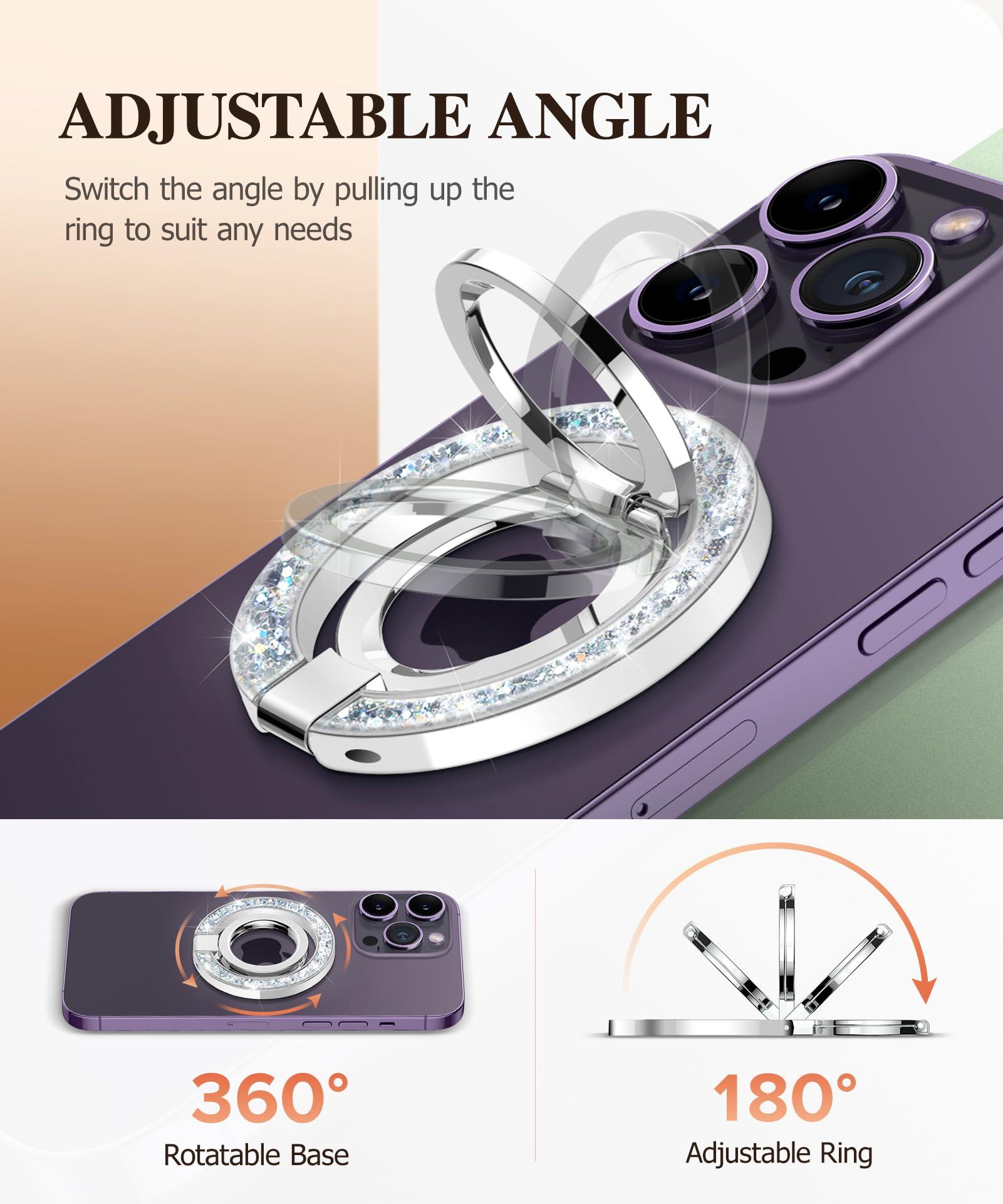 GVIEWIN Magnetic Phone Ring Holder, Compatible with MagSafe Phone Grip with Adjustable Stand, Magnet Phone Ring Kickstand for iPhone 16 Pro Max/Plus/15/14/13/12 Series/Other Phones (Glitter/Silver) - Image 3