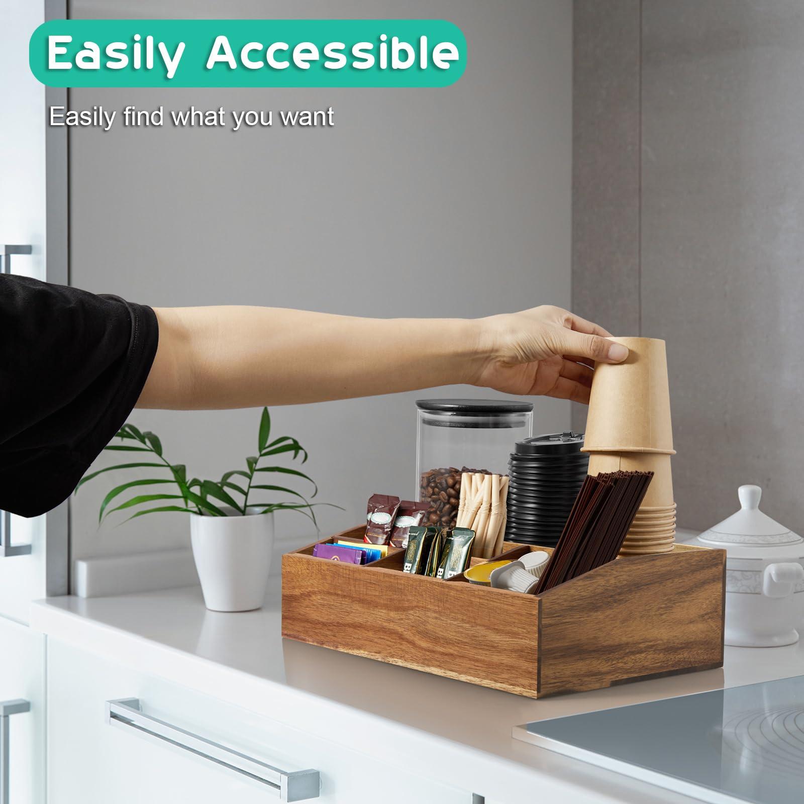 Acacia Wood Coffee Station Organizer for Countertop - 7 Compartments Coffee Bar Accessories and Organizer with Removable Dividers - Coffee and Tea Condiment storage Organizer for Coffee Bar Decor - Image 5