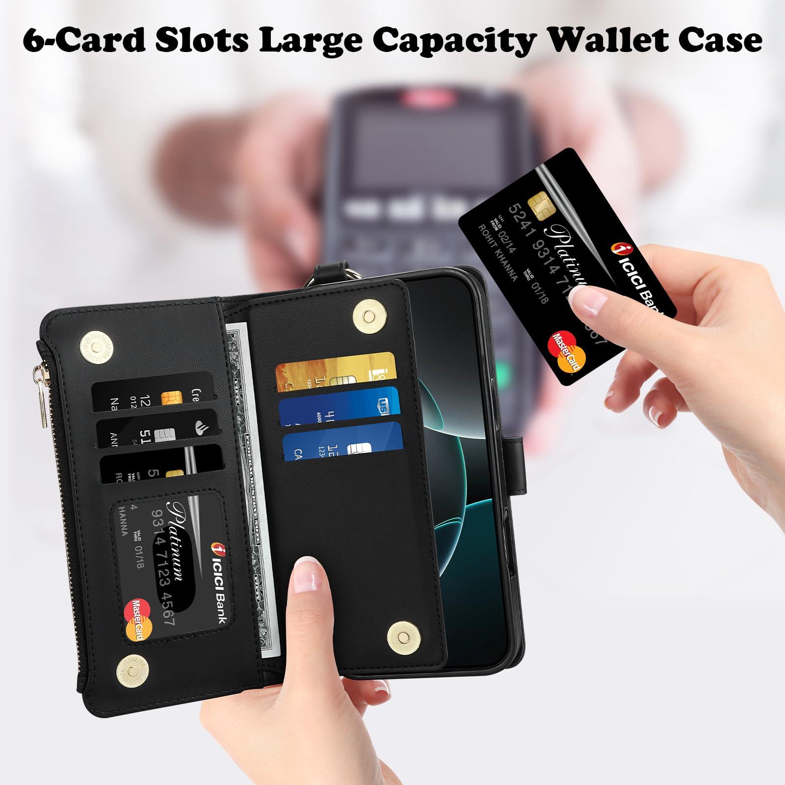 Vofolen for iPhone 16 Pro Max Case with Card Holder Crossbody Strap Leather Flip Case with Magnetic Clasp Kickstand Zipper Pocket Metal Ring Heavy Duty Protective Wallet Phone Case for Women, Black - Image 3