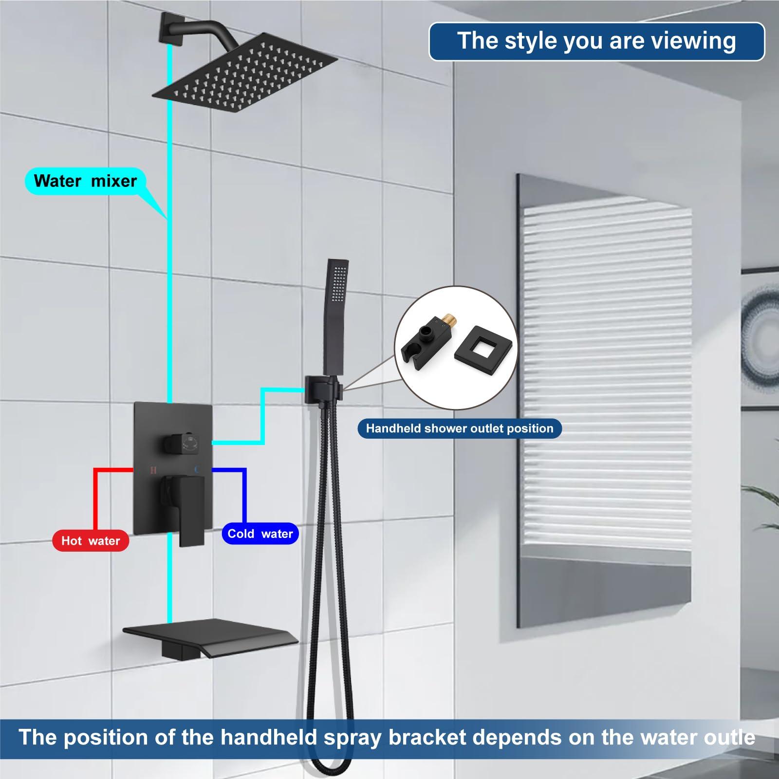 Midanya Rain Shower System Tub Shower Faucet Set Square Rainfall Head with Handheld Sprayer and Waterfall Tub Spout Rough-in Valve Included,8 Inch Matte Black - Image 5