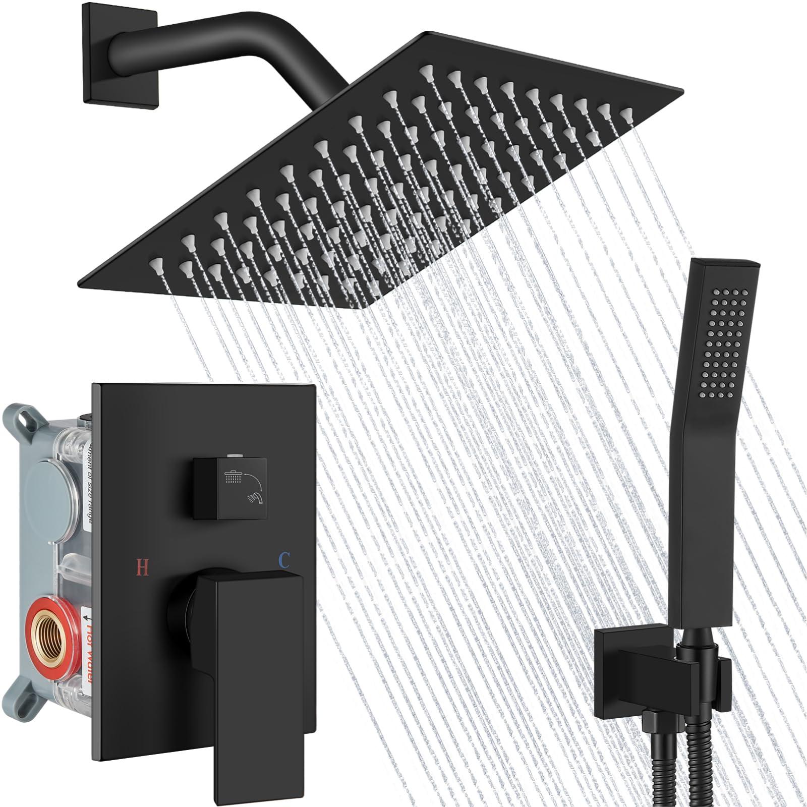 Midanya Rain Shower System Square Rainfall Shower Head Wall Mount Shower Faucet Set with Hand Sprayer Rough-in Valve Trim Kit Bathroom Mixer Shower Combo Set,8 Inch,Matte Black