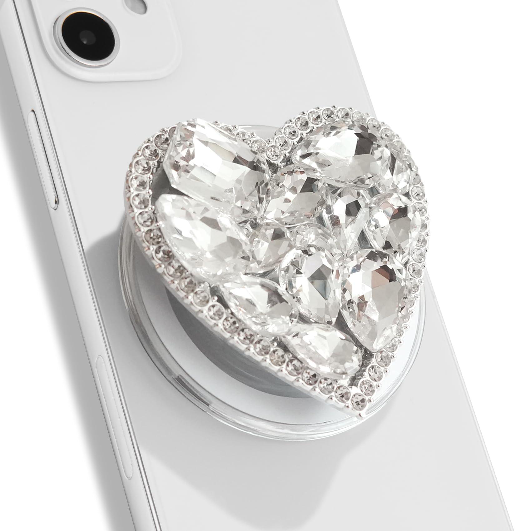 OnTheGrip Compatible with Magsafe Cute Cubic Diamond Heart Shape Design Collapsible Mobile Phone Grip Stand Holder for Smartphone Tablet Cell Phone Accessory (Silver Big)