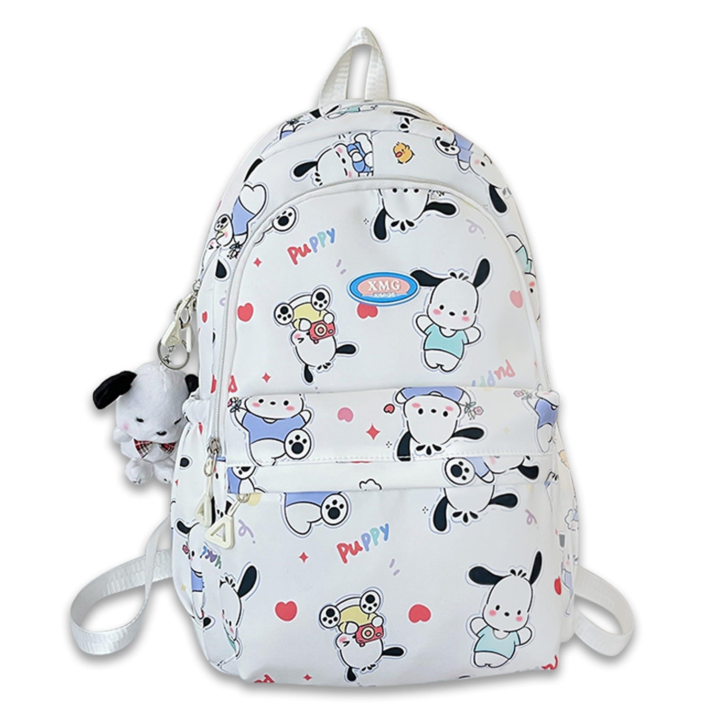 Roffatide Cartoon Pochacco All Over Print Casual Backpack Laptop Backpack Bike Travel Hiking Rucksack Daypack White (With Cute Pendants)