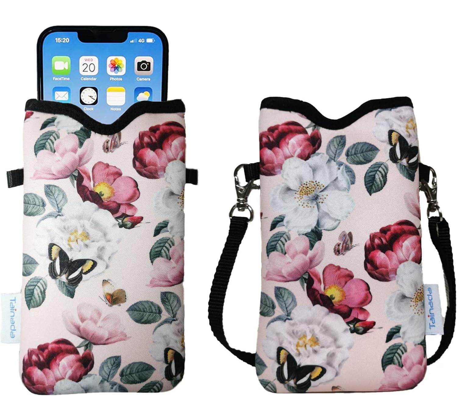 Tainada Women Neoprene Phone Sleeve Pouch Case Bag with Crossbody Strap/Neck Lanyard for iPhone 16/15 Pro Max, 16/15 Plus, 16e, Samsung S25+, S24, A35, A56, Google Pixel 9/8 (Pink Floral)