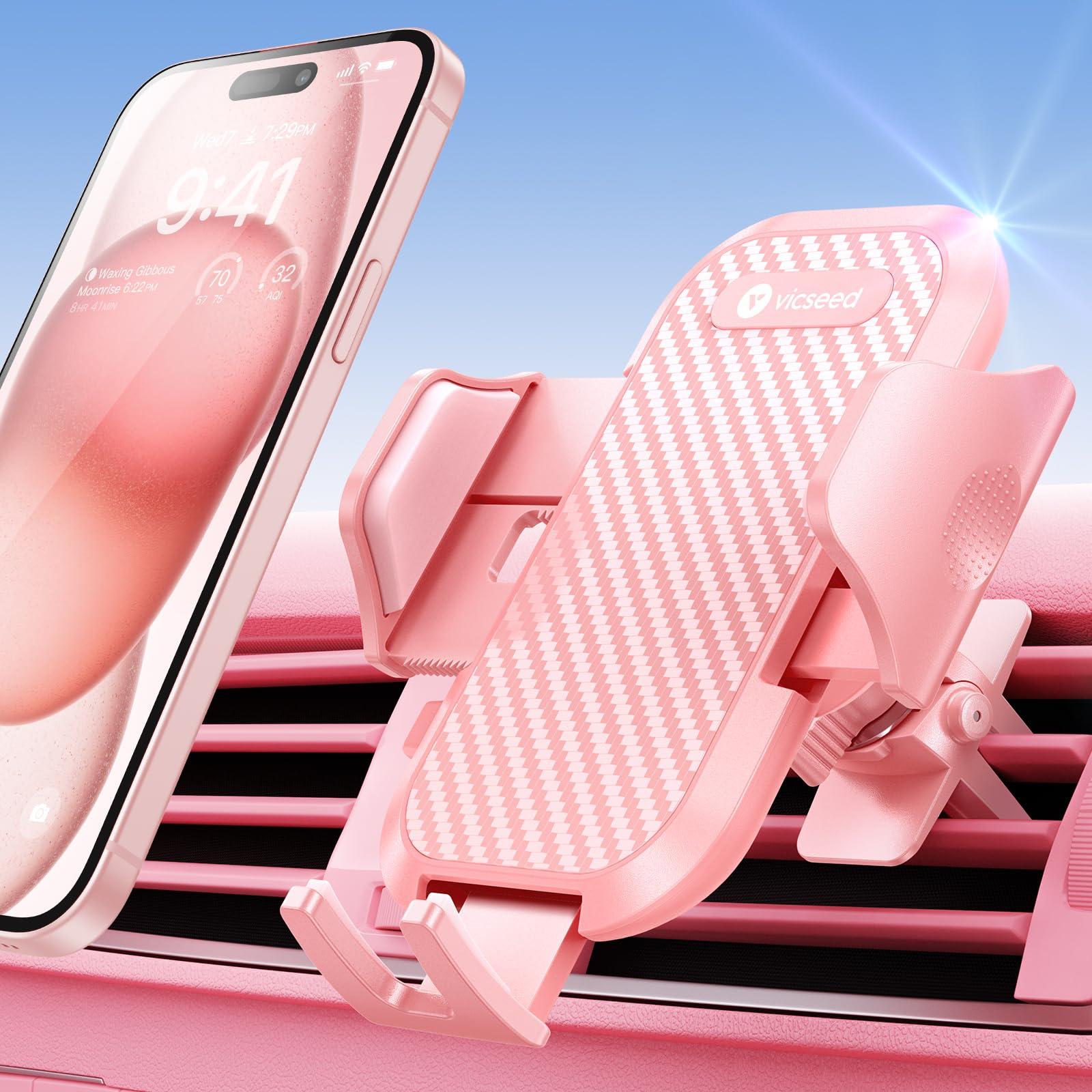 VICSEED Pink Phone Holder for Your Car [ Sturdy & Secure ] Air Vent Phone Mount for Car Hands Free Easy Clamp Cradle in Vehicle for iPhone Samsung Android Smartphone, Pink Car Accessories