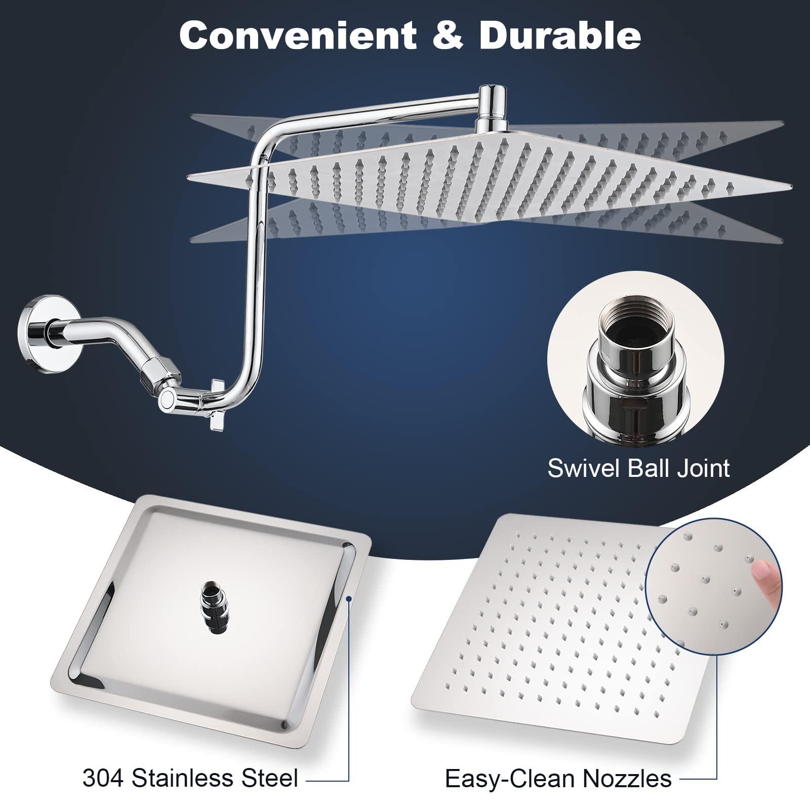 PDPBath 12" Rain Shower Head with Upgrade Adjustable Extension Arm, 304 Stainless Steel High Pressure Rainfall Showerhead, All Metal Large Square Waterfall Fixed Showerhead for Bathroom - Chrome - Image 4