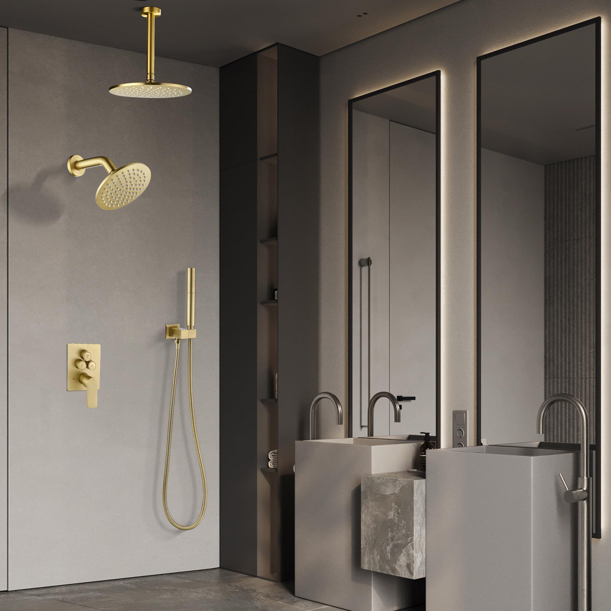 Tomfaucet Rain Shower System, Push Button Diverter Shower Faucet Set with 2 in 1 Handheld Spray, Wall Mount Shower, Ceiling Mount Shower Head 3-Function Rainfall Shower System-Brushed Gold - Image 8