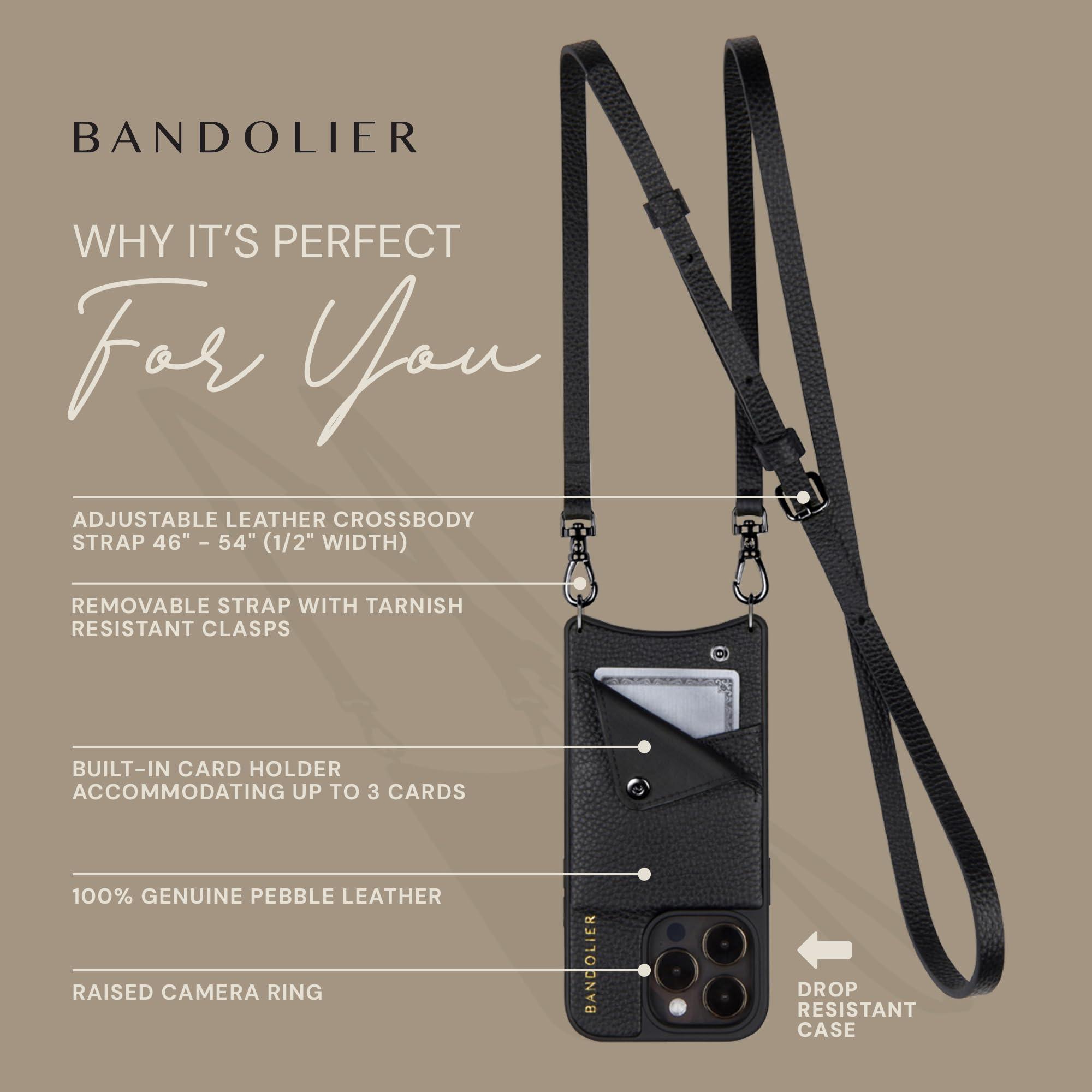 Bandolier Emma Crossbody Wallet Phone Case for iPhone 16 Pro Max. 100% Genuine Pebble Leather. Adjustable & Removable Crossbody Strap. Card Holder with Snap Closure. Black with Pewter Hardware - Image 4