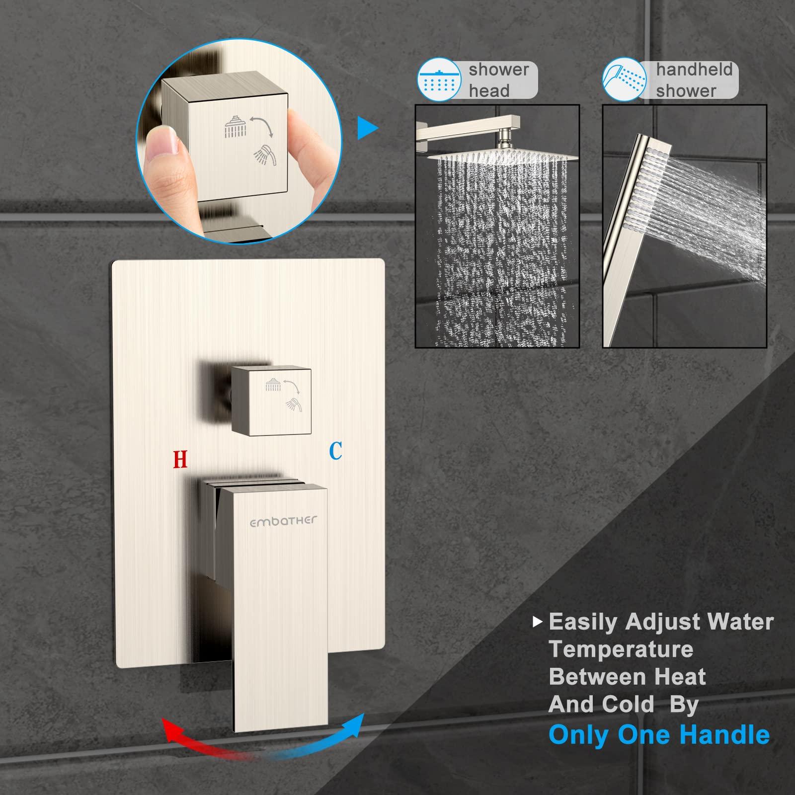 Rain Shower System Sets Faucet: EMBATHER 10 Inch Overhead Rainhead Shower Combo Set With Handheld And Valve-Luxury Modern Mixer Rainfall Brushed Nickel Shower Faucets Sets Complete - Image 8