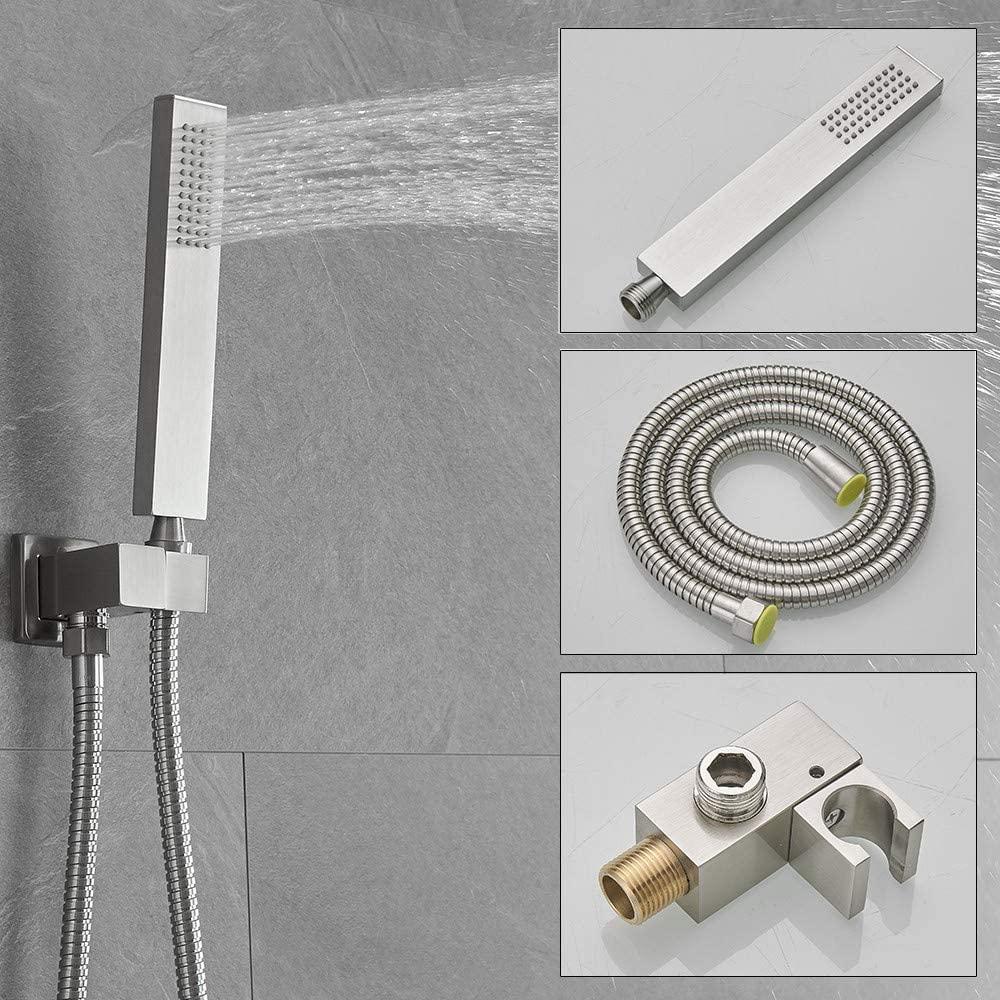 JingGang 12 Inch Ceiling Mount Brushed Nickel Shower System Bathroom Luxury Rain Mixer Shower Combo Set Ceiling Rainfall Shower Head System (Contain Shower Faucet Rough-in Valve Body and Trim) - Image 6