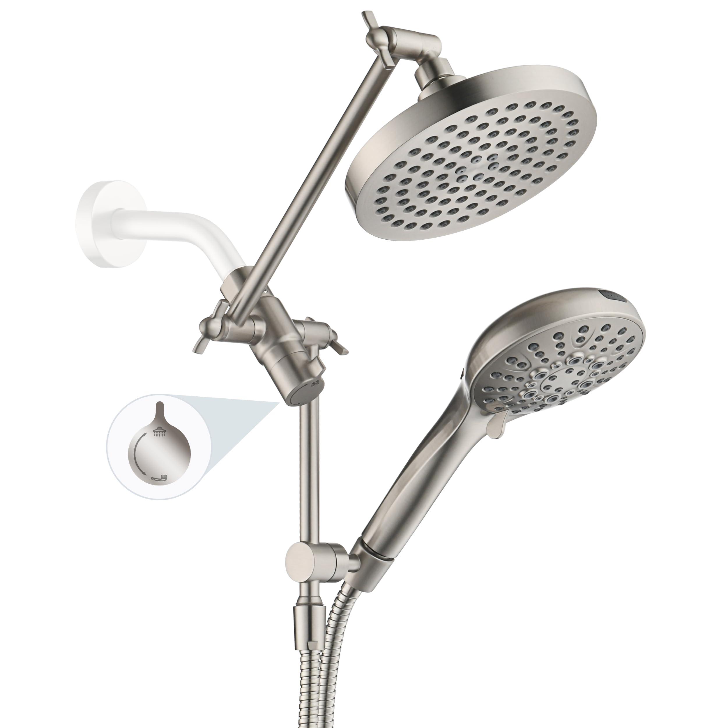 BRIGHT SHOWERS Rain Shower Head with Handheld Spray Built-in Power Wash, High Pressure Dual Shower Head with Adjustable Extension Arm, 3-Way Diverter, 9-Mode Handheld, 69” Long Hose, Brushed Nickel