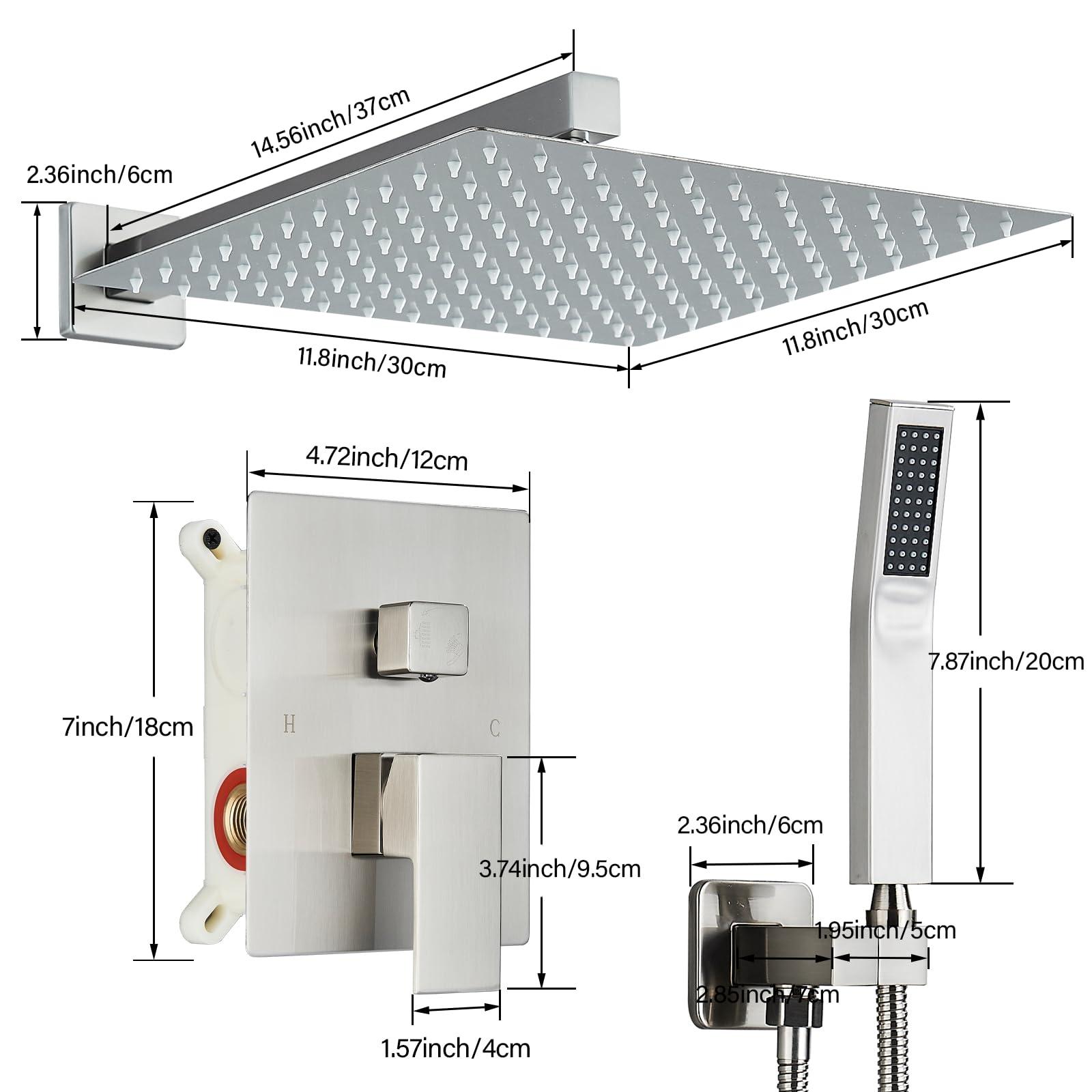 Ackwave Shower Faucet Set Brushed Nickel Shower System with 12 Inches Rain Shower Head and Handheld Sprayer Wall Mounted Shower Fixture Set with Brass Shower Valve - Image 3