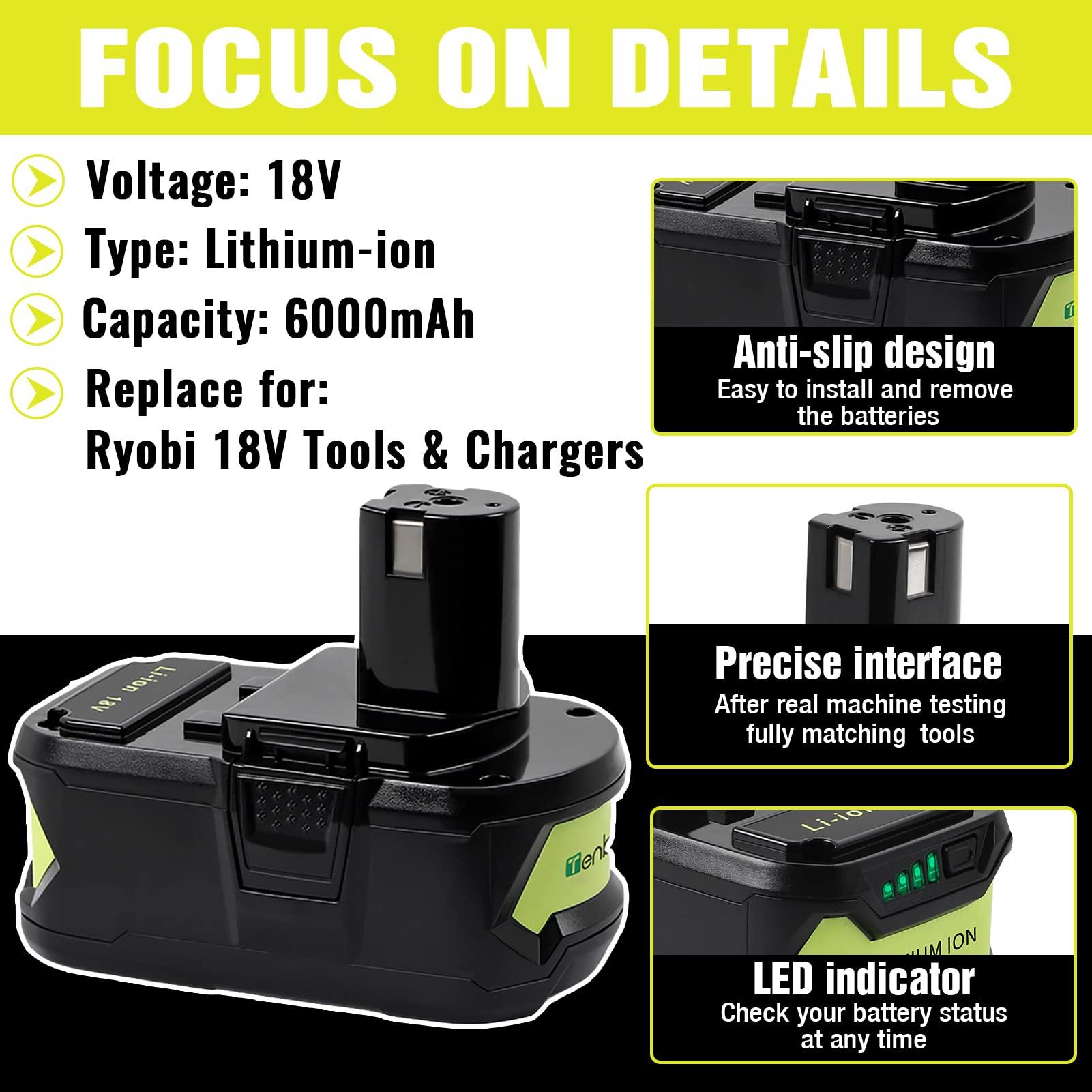 TenHutt 【Upgrade】 2 Packs 6.0Ah Lithium Replacement Battery for Ryobi 18V ONE+ Cordless Power Tool P108(130429054) Compatible with P102 P103 P104 P105 P107 P108 Lithium Battery - Image 4