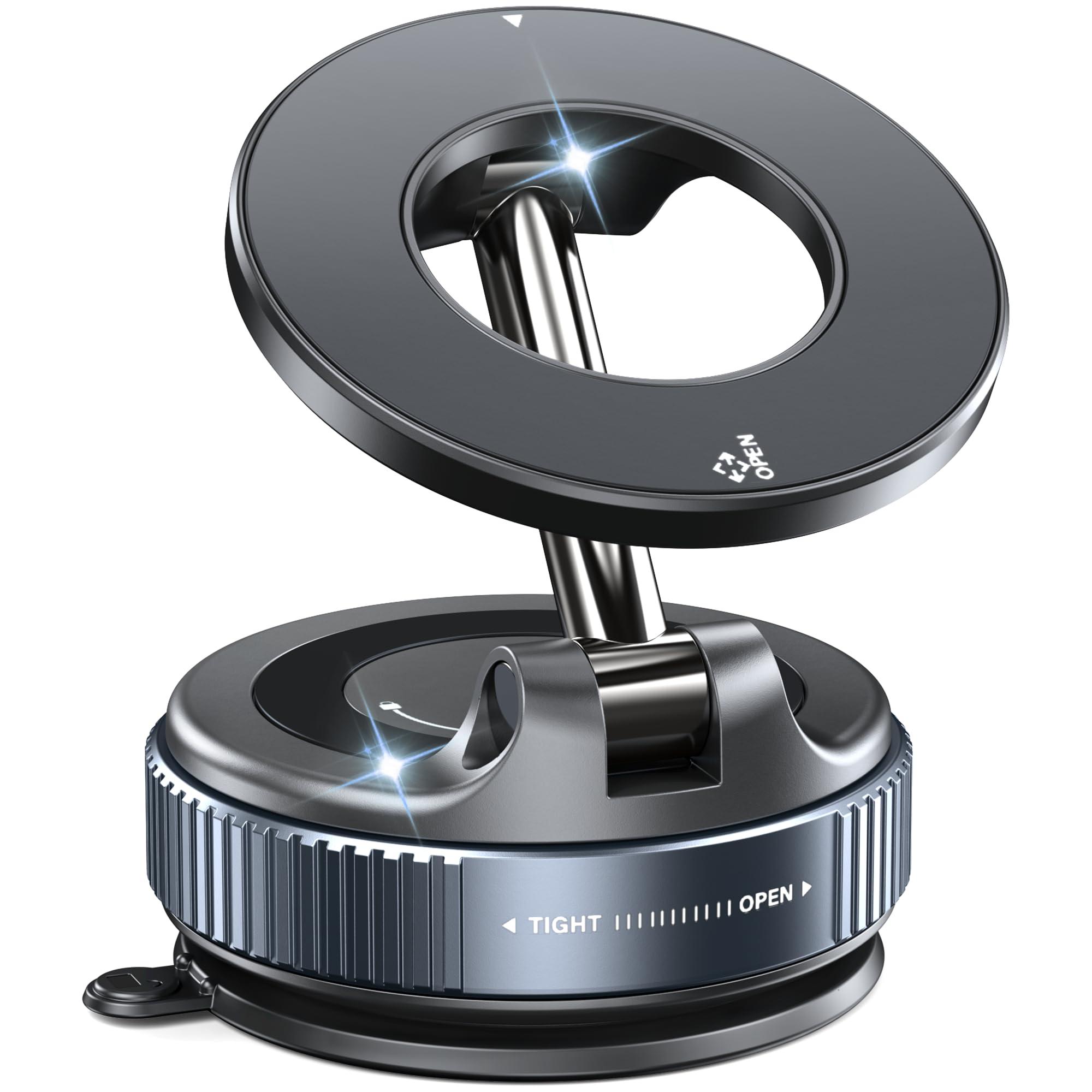 CreaDream Car Phone Mount for Magsafe, Ultra Strong Vacuum Magnetic Suction Cup Cell Phone Holder with 360° Rotation, Foldable Phone Holders for Your Car, Car Accessories for All Smartphones（Black）
