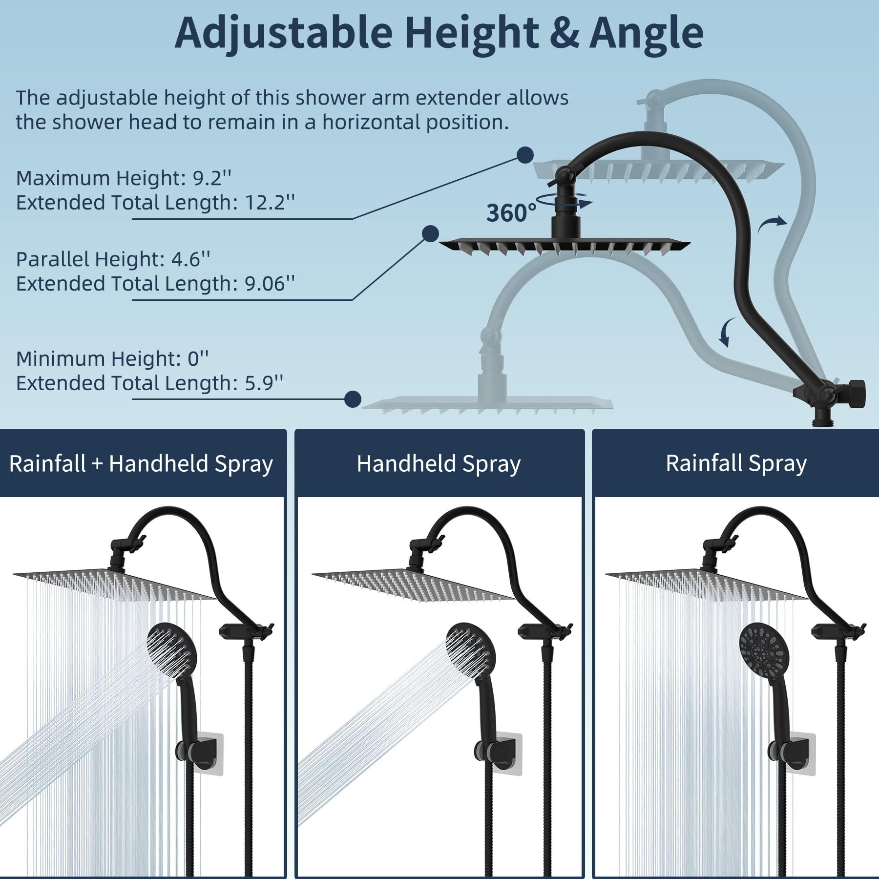 Hibbent All Metal High Pressure Rainfall 10 Inch Shower Head/Handheld Showerhead Combo/ 12 Inch Adjustable Curved Shower Extension Arm, 7-Spray, 71-inch Hose, Adhesive Showerhead Holder, Matte Black - Image 8