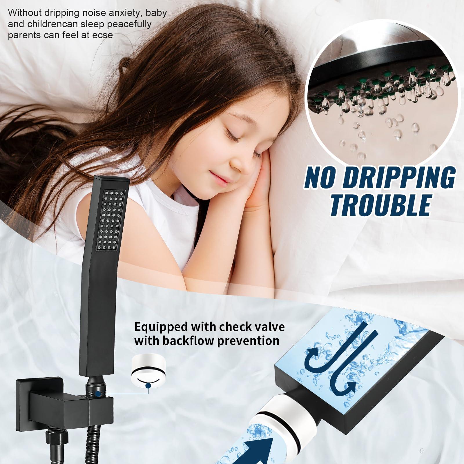 BALLEERUN Shower Faucet Kit 10-Inch Matte Black Showerhead and Handle Kit Bathroom Deluxe Rain Shower Combo Kit with Square Rain Showerhead and High-Pressure Handheld Sprayer Shower Valve - Image 5