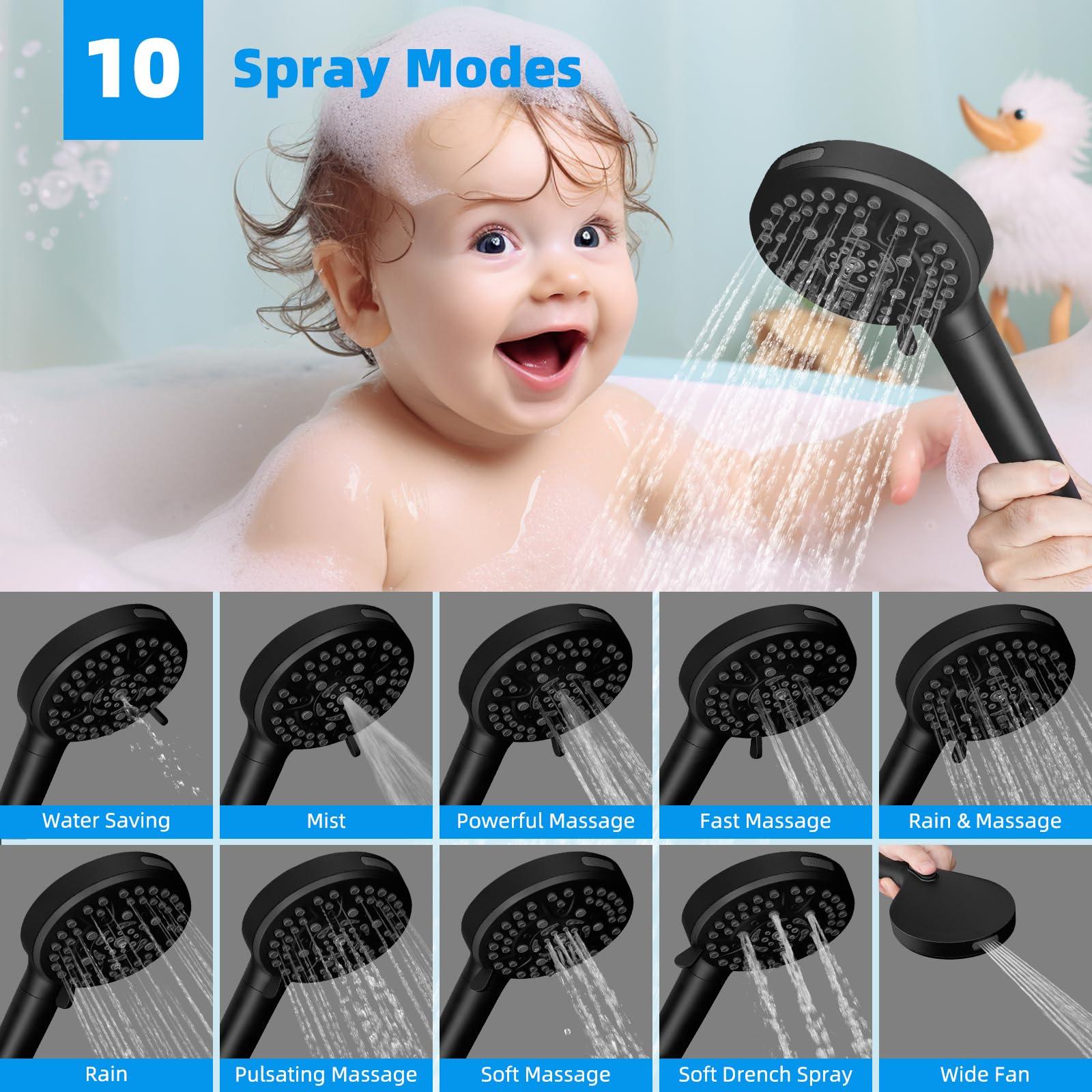 Hibbent Upgraded 5-spray 13'' Shower Head, High Pressure Rainfall Shower Head, Dual Showerhead Combo with 10-mode Handheld Spray, 12'' Adjustable Extension Arm, 71'' Hose, Shower Holder, Matte Black - Image 5