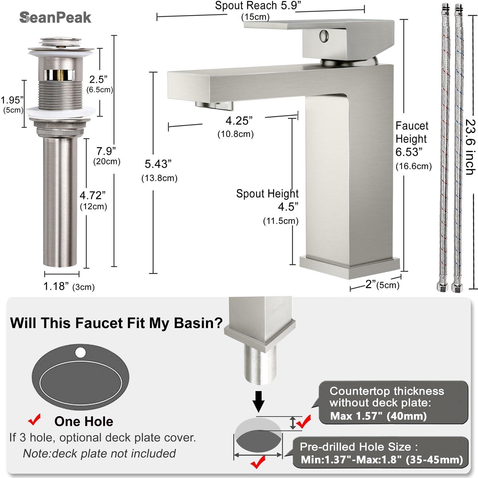 SeanPeak Bathroom Faucet, Brushed Nickel Bathroom Faucets, Solid Brass Sink Faucet, Lead-Free Single Handle Vanity Faucets with 2 Water Supply Hoses & Drain Stopper - Image 2