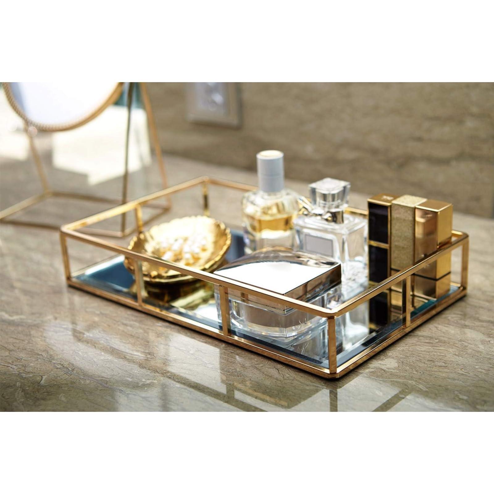 PuTwo Tray Mirror, Gold Dresser Ornate Tray Metal Decorative Tray Jewelry Perfume Organizer Makeup Tray for Vanity, Dresser, Bathroom, Bedroom - Image 7