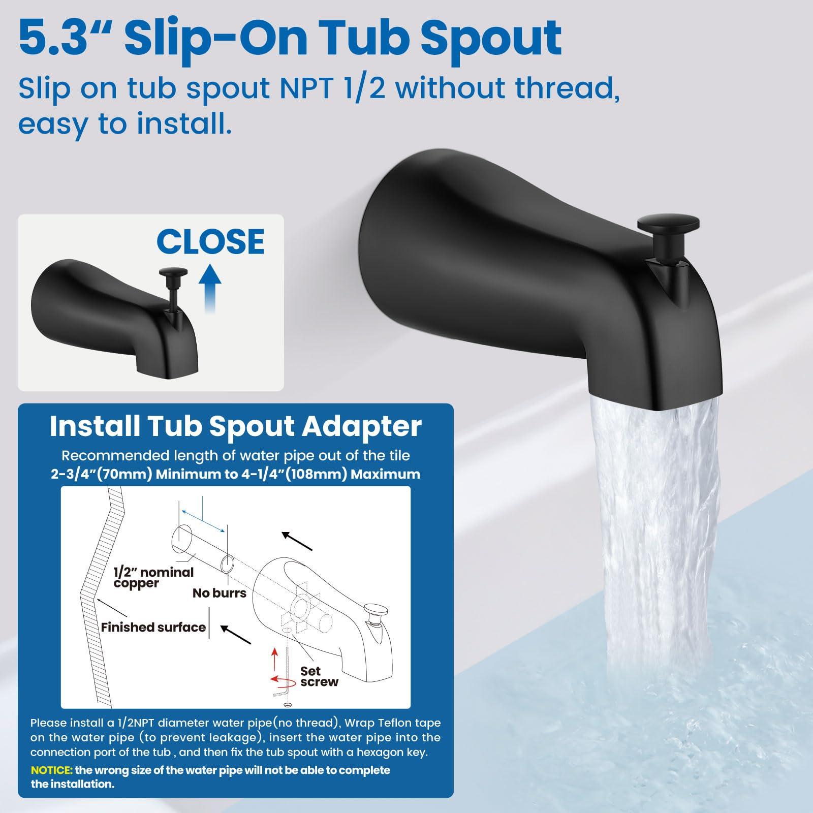 Airuida Shower Faucet Set with Tub Spout Bathtub Faucet Kit Shower Tub Faucet Set Complete Tub Shower Trim Kit with Solid Brass Rough-in Valve Rainfall Round 6 Inch Shower Head Matte Black - Image 7