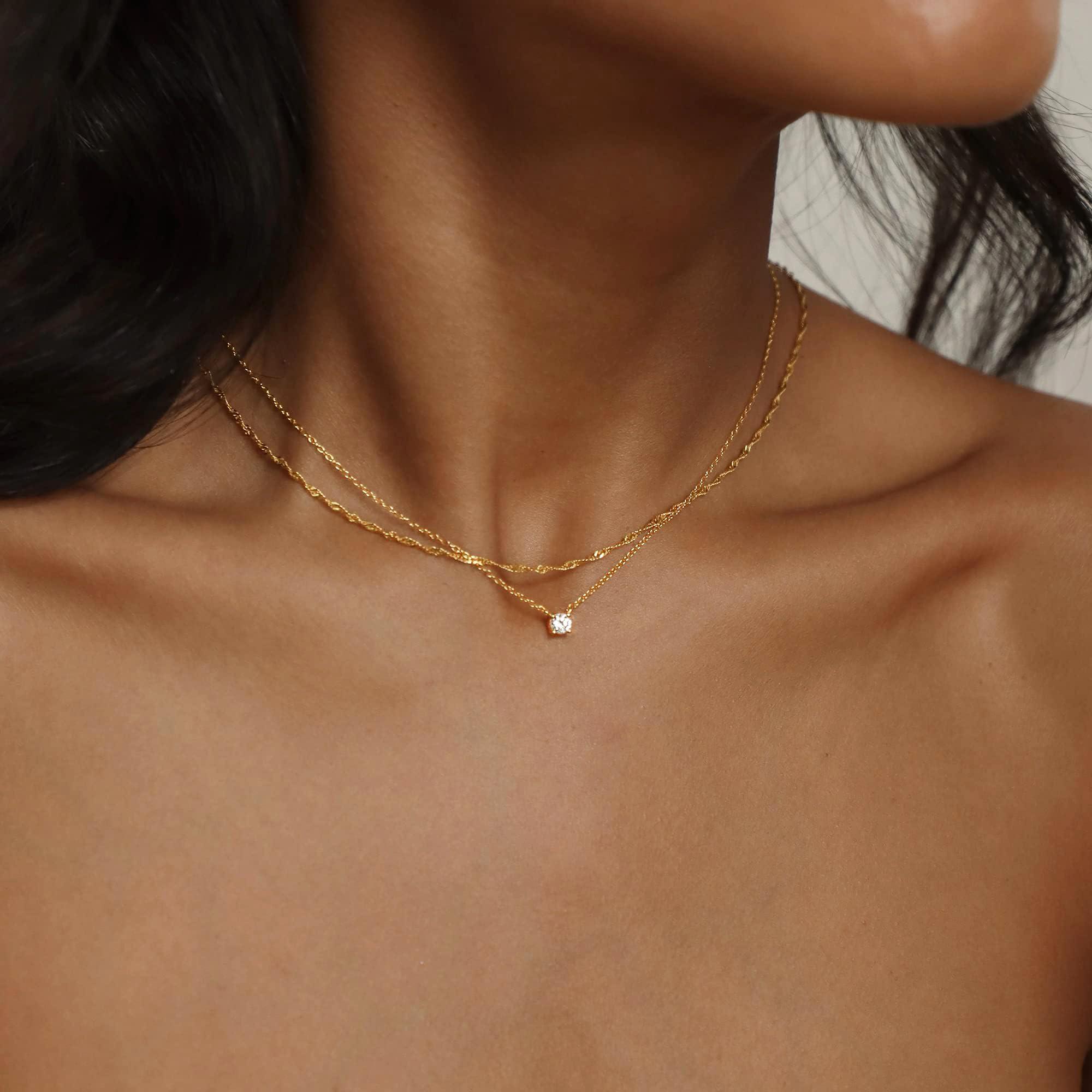 Tewiky Diamond Necklaces for Women, Dainty 14k Gold/Sterling Silver Choker Necklace Simple Gold Plated CZ Jewelry Necklaces for Women Trendy Gifts - Image 8