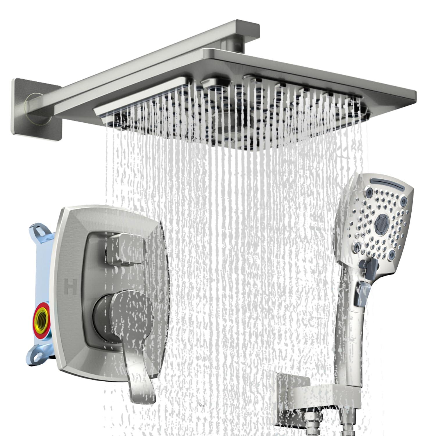 ELLO&ALLO Shower Faucet Set Mixing Valve and Trim Kit Brushed Nickel, Rainfall Waterfall Shower Head with Handheld Combo