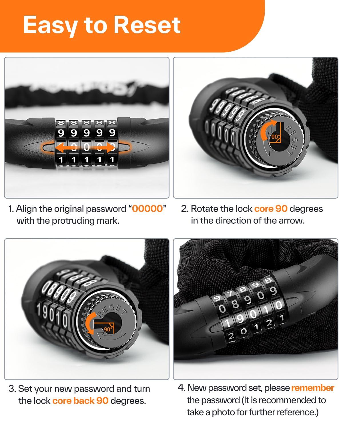 Sportneer Bike Lock: 5 Digit Combination High Security Anti Theft Bike Chain Lock - 3.2/3.6/4ft Heavy Duty Keyless Bicycle Lock for Bike, Motorcycle, Scooter, Door & Gate - 4/6mm Thick, Easy to Use - Image 6