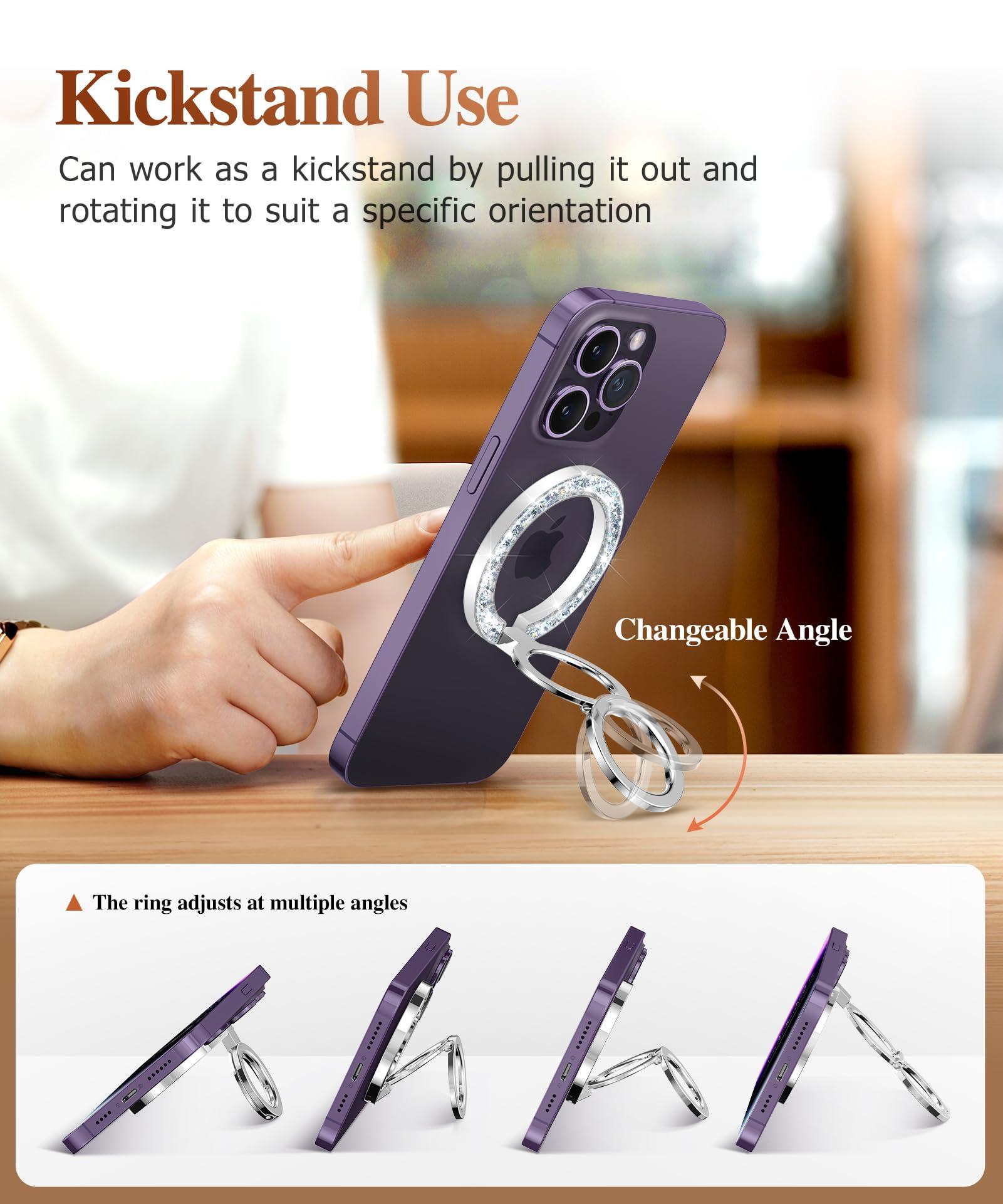 GVIEWIN Magnetic Phone Ring Holder, Compatible with MagSafe Phone Grip with Adjustable Stand, Magnet Phone Ring Kickstand for iPhone 16 Pro Max/Plus/15/14/13/12 Series/Other Phones (Glitter/Silver) - Image 4