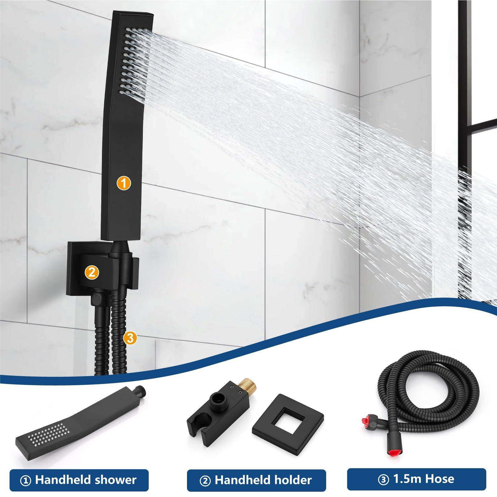 Midanya Rain Shower System Tub Shower Faucet Set Square Rainfall Head with Handheld Sprayer and Waterfall Tub Spout Rough-in Valve Included,8 Inch Matte Black - Image 4