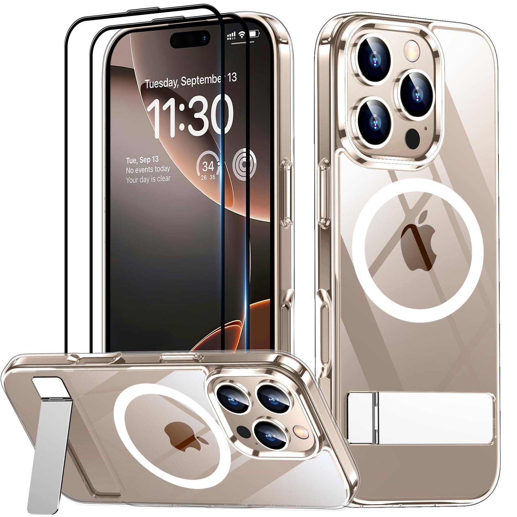 SPIDERCASE Magnetic for iPhone 16 Pro Max Case, with 2Pcs [Tempered Glass Screen Protector] [ Military Grade Drop Protection] Invisible Kickstand Slim Case for iPhone 16 Pro Max 6.9", Clear