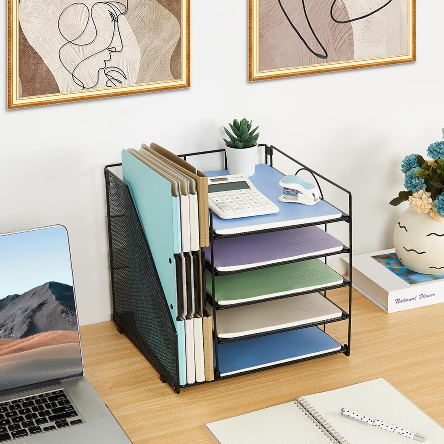 LEKETREE Desk Organizers and Accessories, 5-Tier Paper Letter Tray Organizer with File Holder, Desktop Organizer for Office Supplies (Black) - Image 2