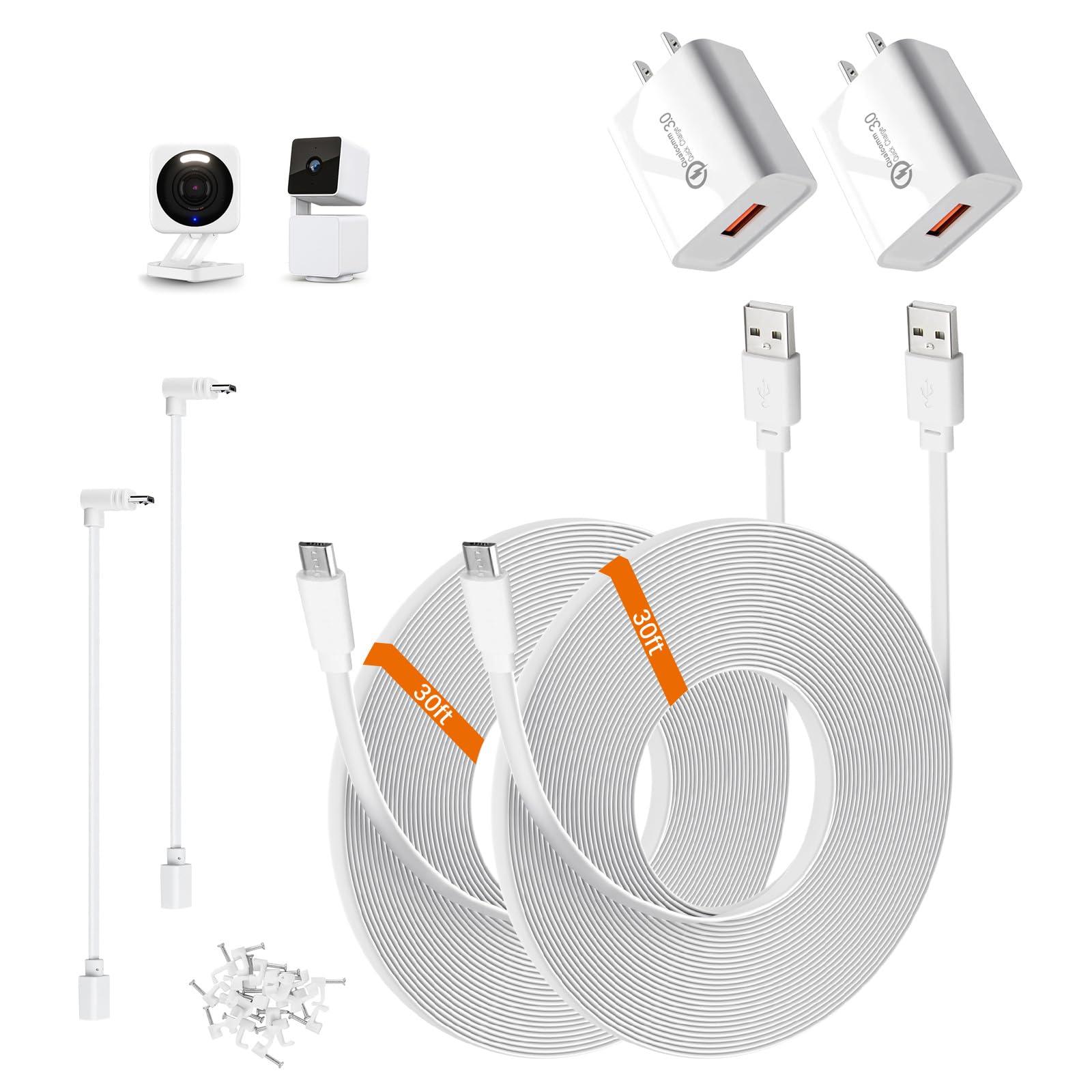 2-Pack 30ft Power Cable for Wyze Cam v4,Wyze Cam Pan v3,Wyze OG,Wyze Cam v3 Pro Security Cameras - 9m Long Flat Extension Micro USB Charging Cord with L-Shaped Short Adapter & 18W Fast Charger, White