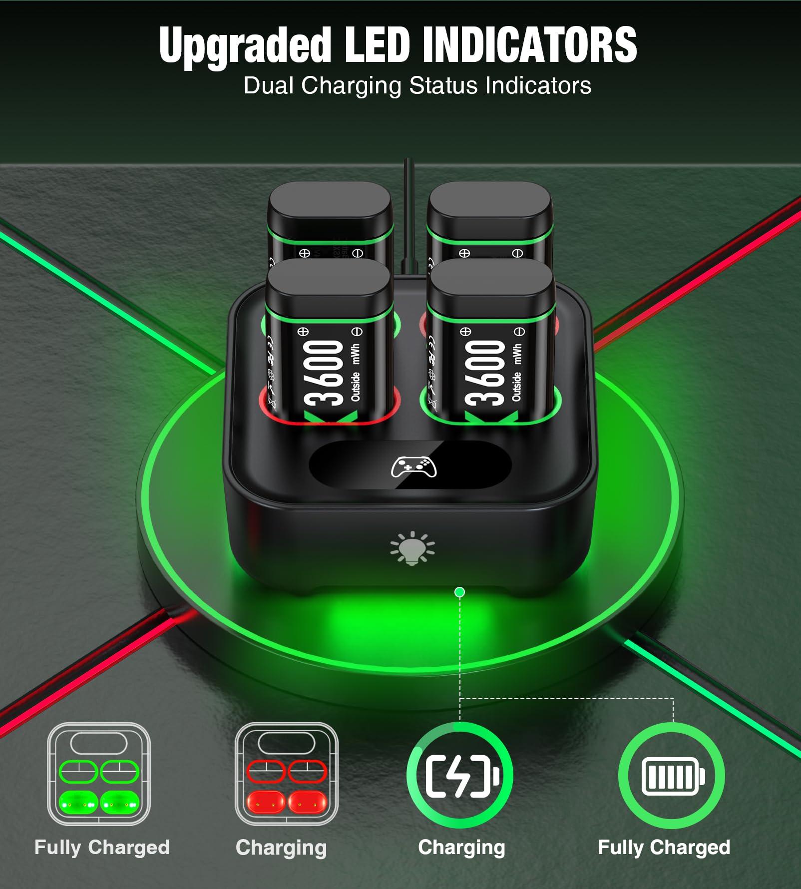 Upgraded Fast Charging Rechargeable Battery Packs for Xbox, 4 x 3600mWh Xbox Controller Batteries with Charger Dock & Light Control for Xbox Series X|S, One S/X/Elite Controllers, Console Accessory - Image 7