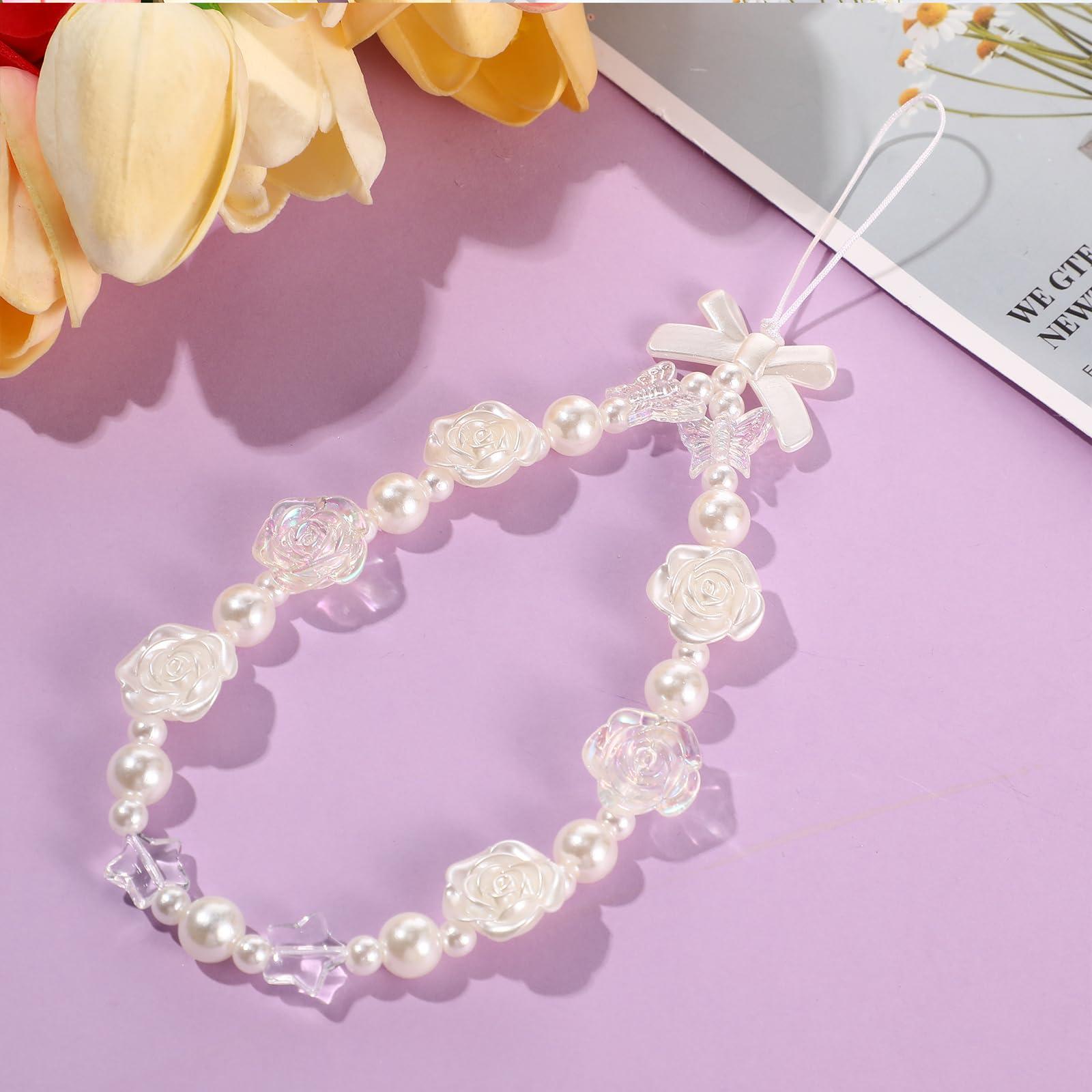 Ecally 3 Pcs Phone Wrist Strap Beaded Pearl Butterfly Cell Phone Charm Strap Cute Flower Y2k Lanyard for Camera Keychain Wallet Pendant Decor - Image 3