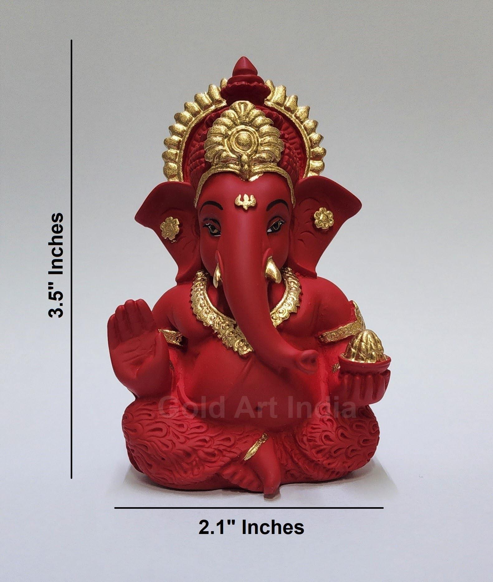 Gold Art India Mukut Ganesha Idol for Car Dashboard Maroon Red and Gold Small Ganesha Murti Ganpati Idol for Home Decor Puja Lord Ganesh Statue Gift for Office Desk Puja Room Figurine - Image 2