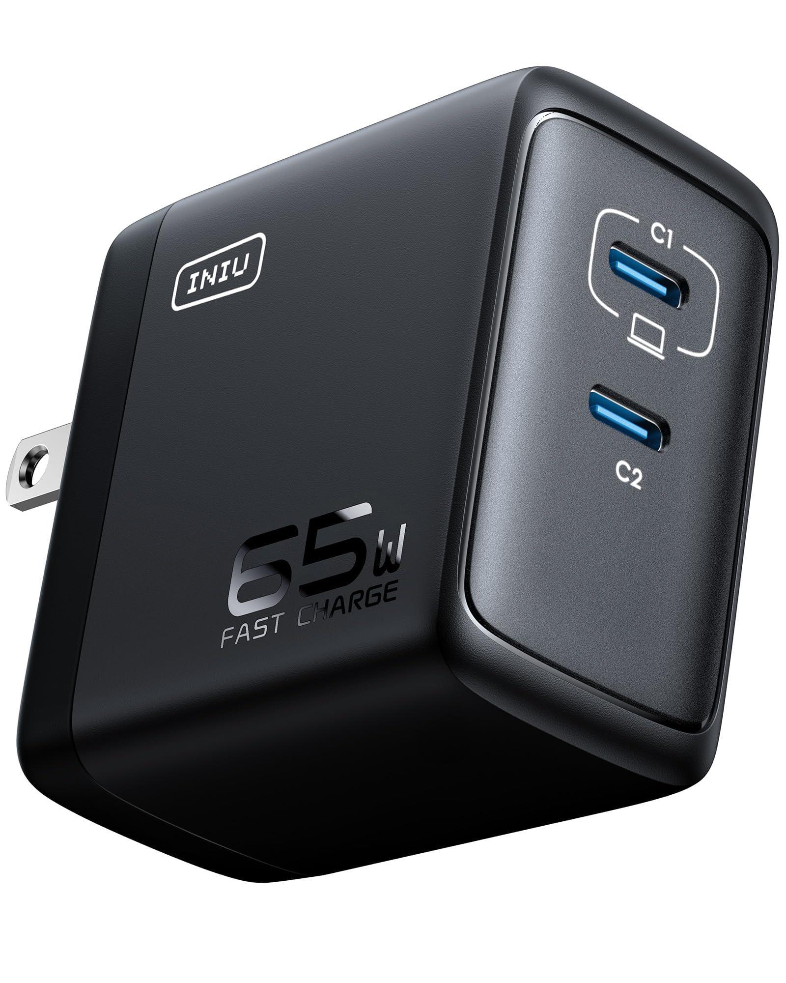 INIU 2-Port 65W GaN Charger - Compact Foldable PD PPS USB C Wall Charger for MacBook Pro/Air, Dell XPS 13, iPad Pro, Samsung Galaxy S23, Note 20/10+, iPhone 16/15/14, Steam Deck