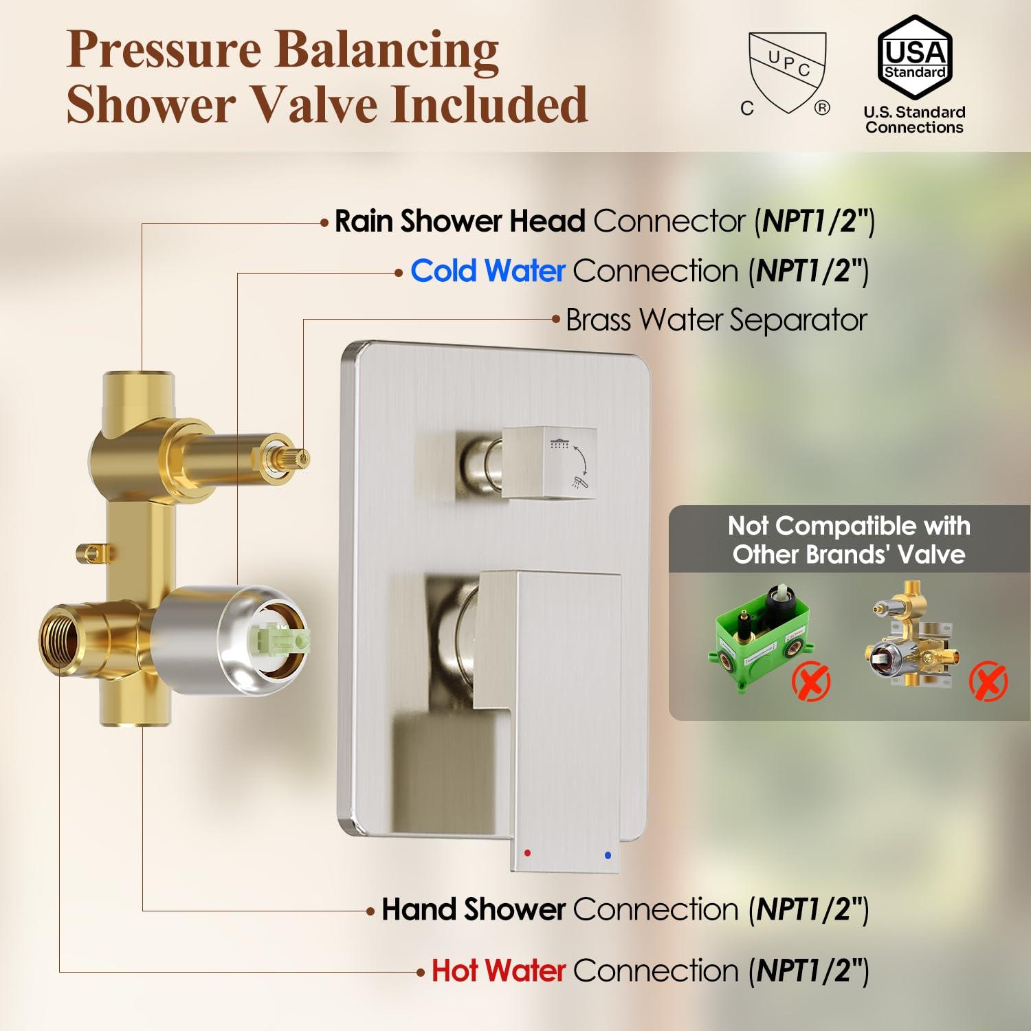 Kurpot Shower System, 12 Inch Bathroom Shower Faucet Set, Brushed Nickel Shower Head and Handle Set, Shower Faucet with Valve and Shower Trim Kit, High Pressure Rain Shower Head Set, Wall Mounted - Image 7